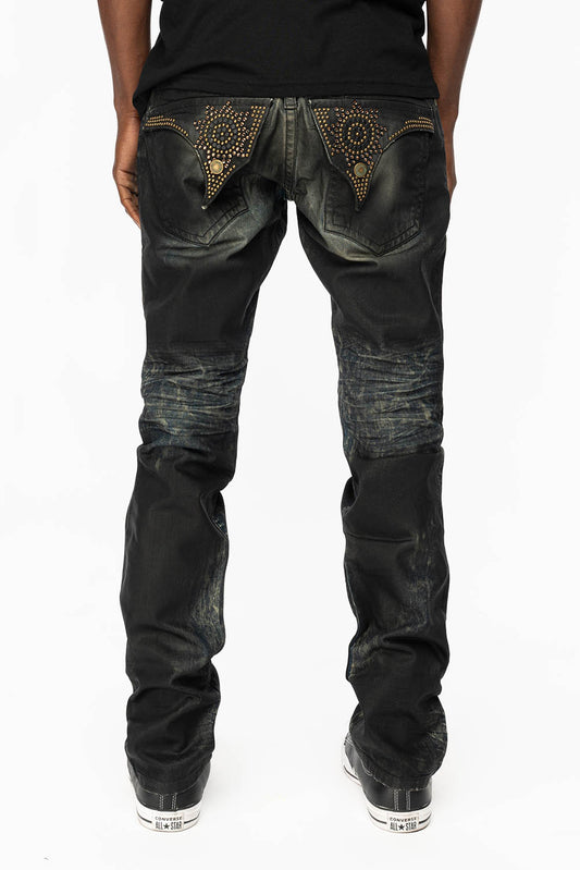 MENS LONG FLAP SLIM JEANS WITH CRYSTALS AND NAILHEADS IN 5D SEMI COATING DNM