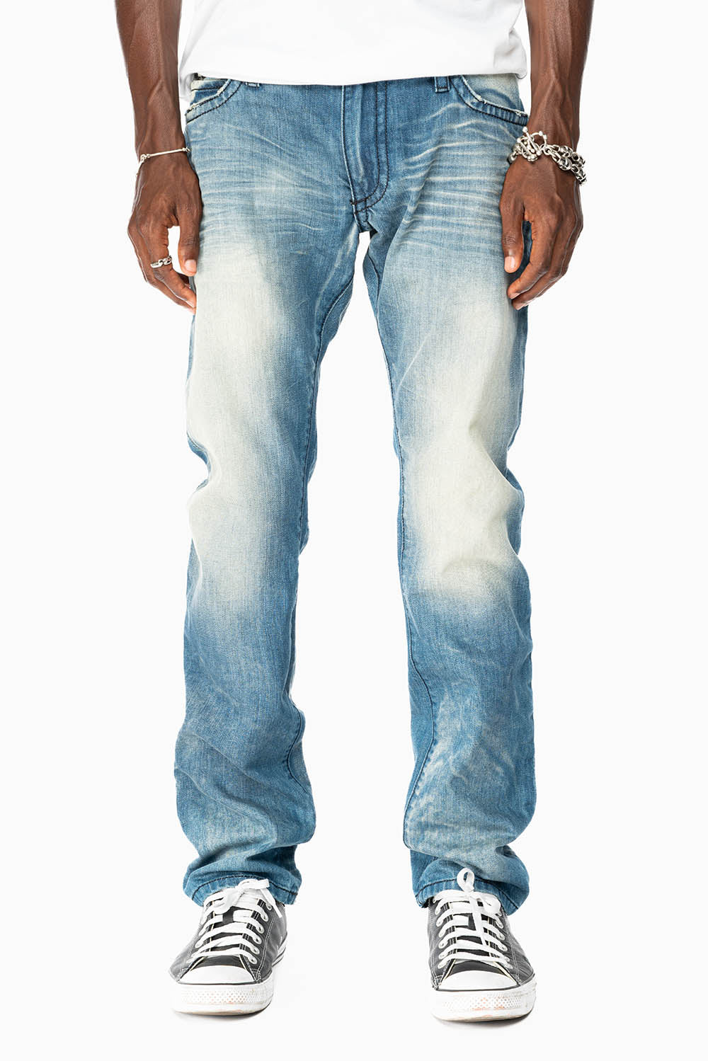 LIMITED EDITION MENS LONG FLAP SLIM JEANS  EMBELLISHED WITH CRYSTALS IN OMAHA TAN WASH