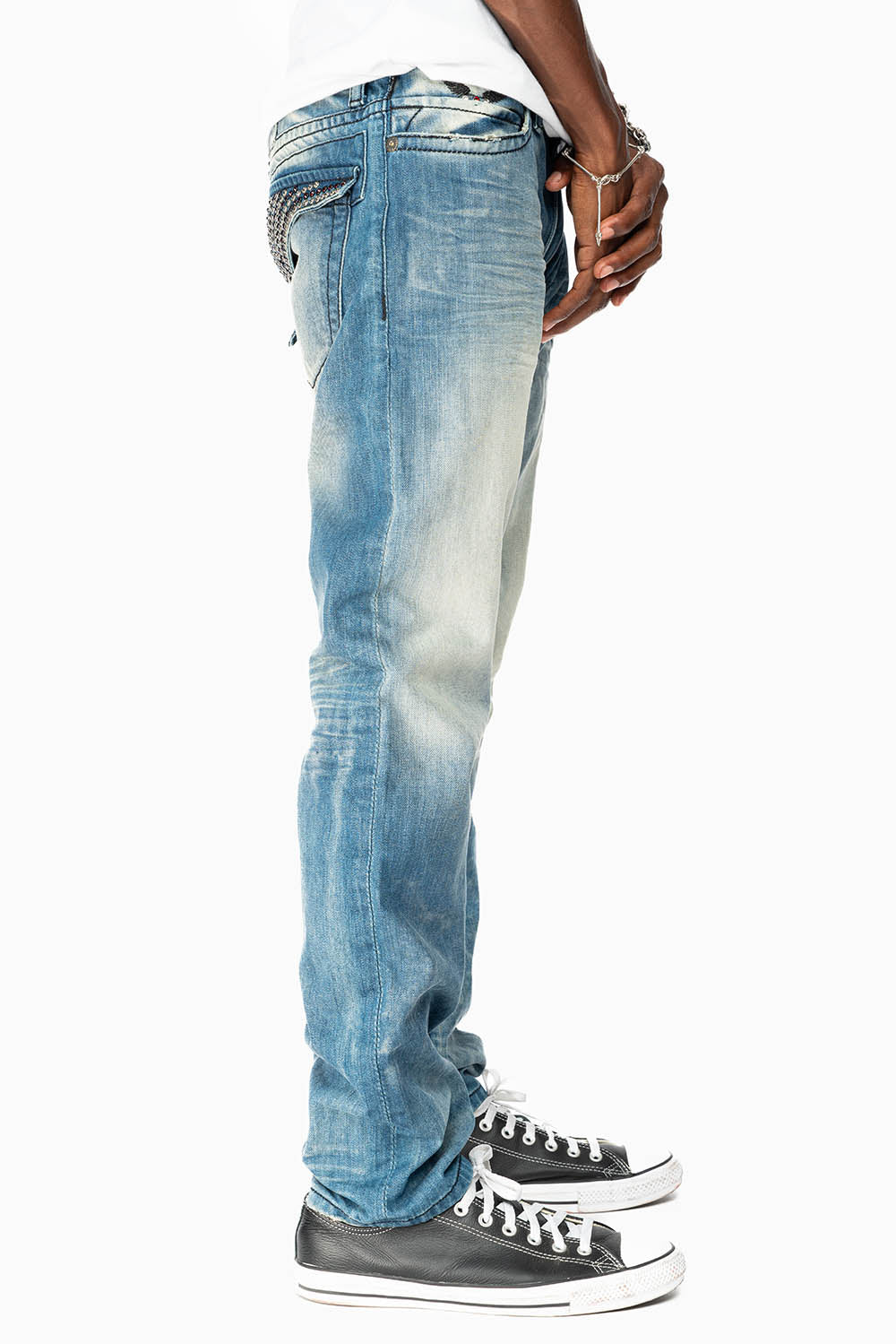 LIMITED EDITION MENS LONG FLAP SLIM JEANS  EMBELLISHED WITH CRYSTALS IN OMAHA TAN WASH