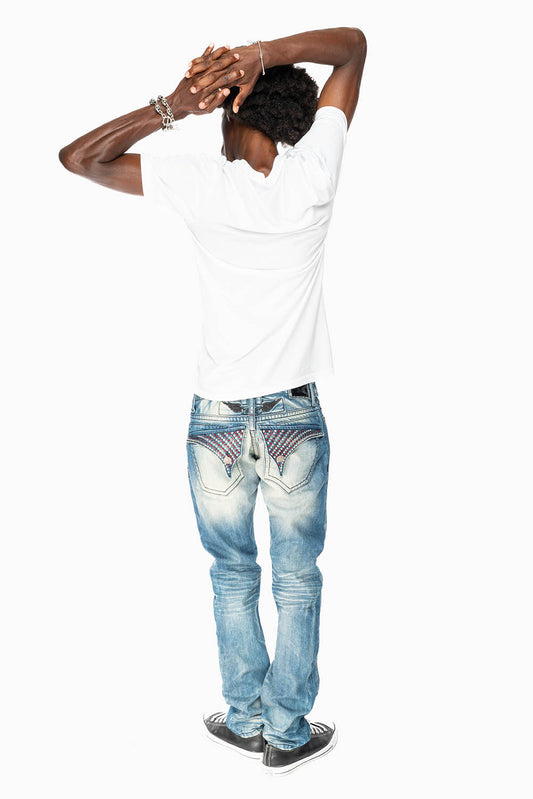 LIMITED EDITION MENS LONG FLAP SLIM JEANS  EMBELLISHED WITH CRYSTALS IN OMAHA TAN WASH