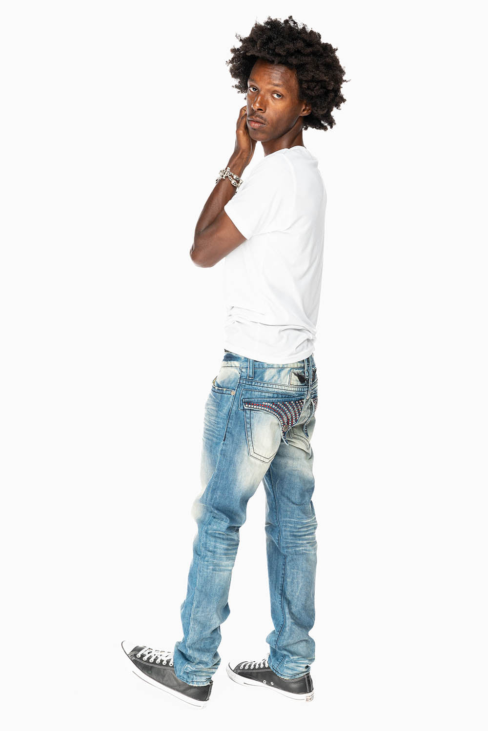 LIMITED EDITION MENS LONG FLAP SLIM JEANS  EMBELLISHED WITH CRYSTALS IN OMAHA TAN WASH