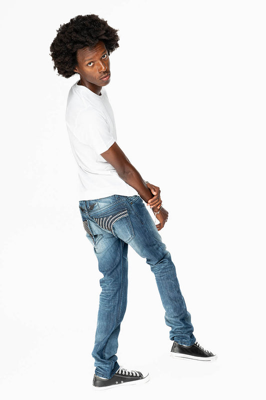LIMITED EDITION MENS LONG FLAP SLIM JEANS  EMBELLISHED WITH CRYSTALS IN OMAHA DARK WASH