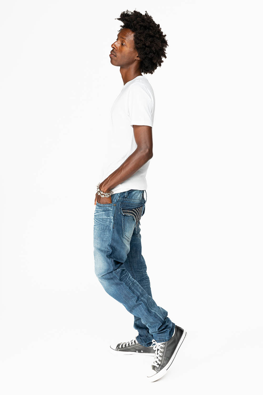 LIMITED EDITION MENS LONG FLAP SLIM JEANS  EMBELLISHED WITH CRYSTALS IN OMAHA DARK WASH