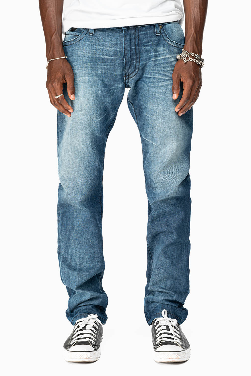 LIMITED EDITION MENS LONG FLAP SLIM JEANS  EMBELLISHED WITH CRYSTALS IN OMAHA DARK WASH