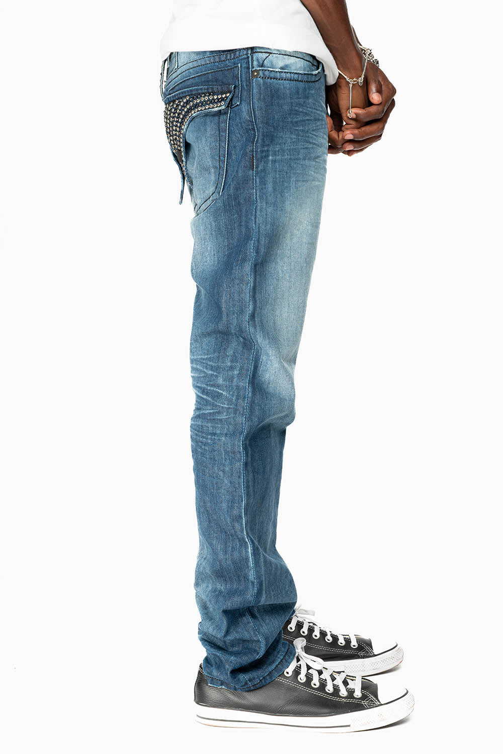 LIMITED EDITION MENS LONG FLAP SLIM JEANS  EMBELLISHED WITH CRYSTALS IN OMAHA DARK WASH