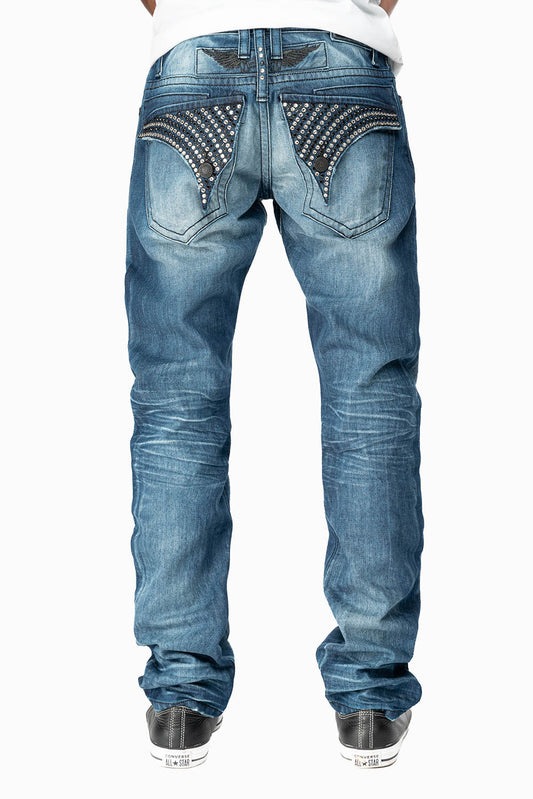 MENS LONG FLAP SLIM JEANS  EMBELLISHED WITH CRYSTALS IN OMAHA DARK WASH