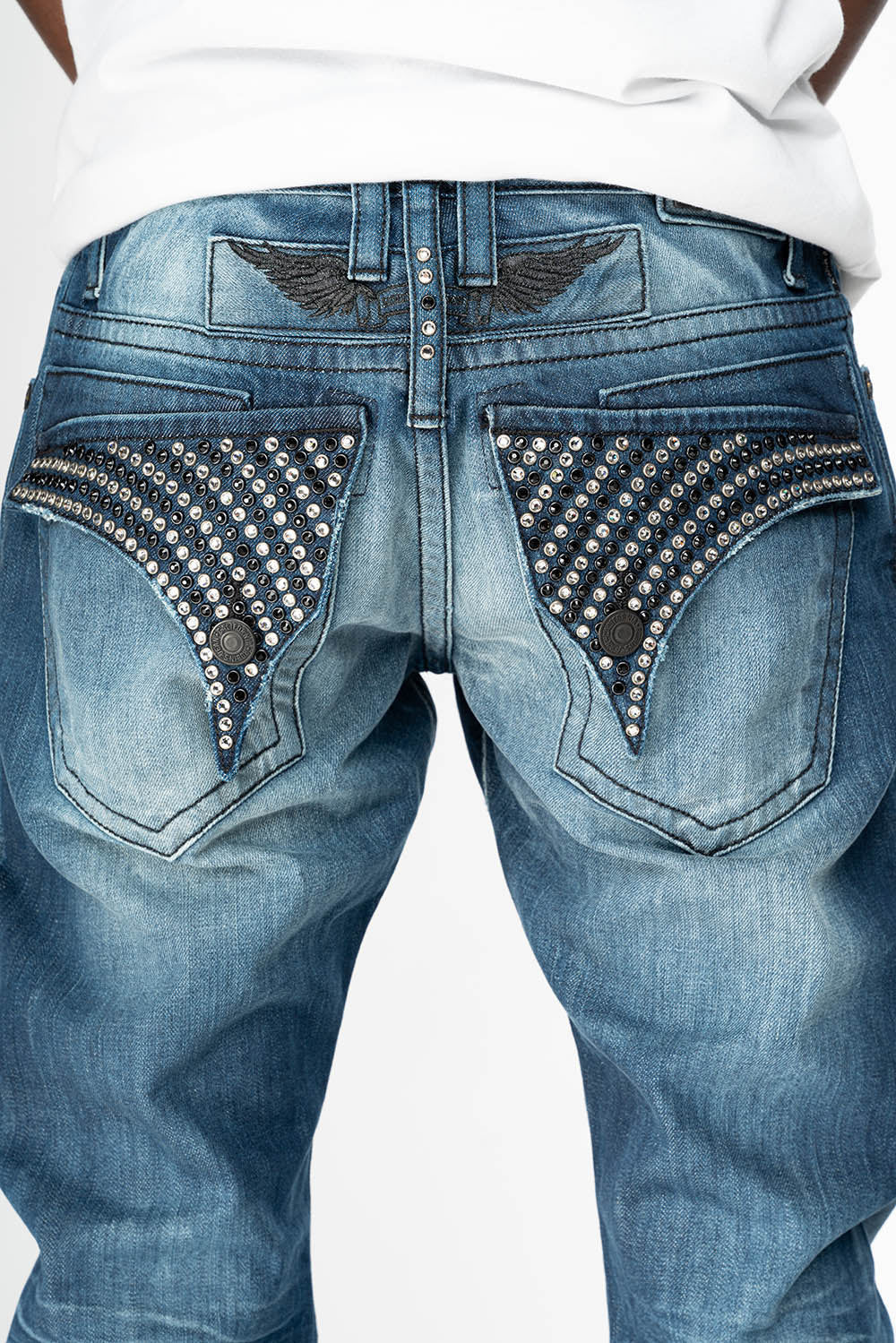 LIMITED EDITION MENS LONG FLAP SLIM JEANS  EMBELLISHED WITH CRYSTALS IN OMAHA DARK WASH