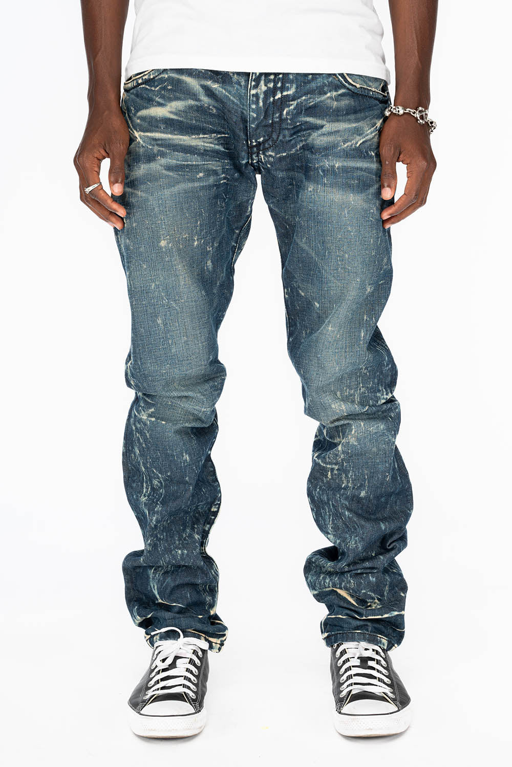 MENS LONG FLAP SLIM JEANS WITH CRYSTALS IN BLUE 4D DARK WASH