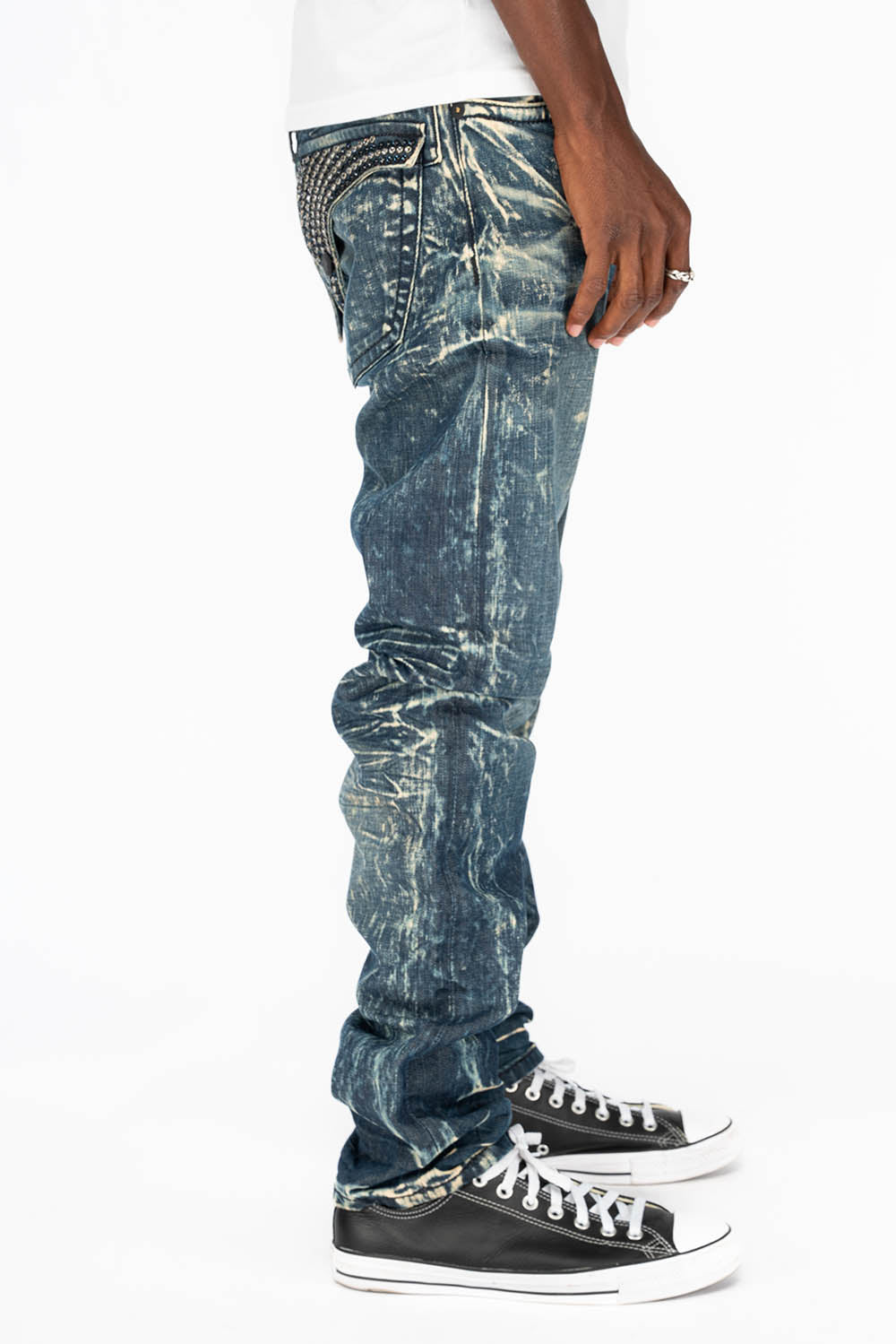 MENS LONG FLAP SLIM JEANS WITH CRYSTALS IN BLUE 4D DARK WASH