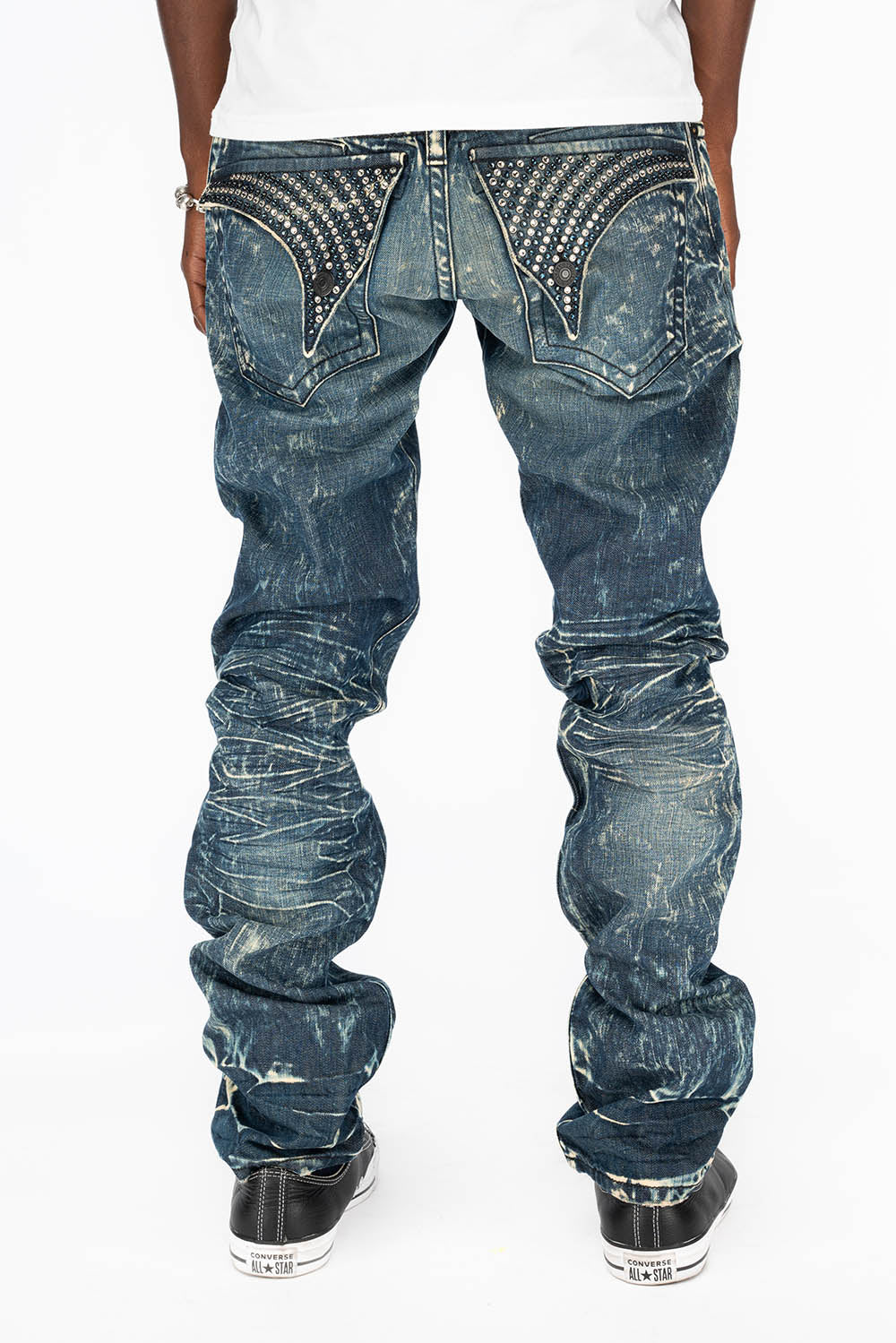 MENS LONG FLAP SLIM JEANS WITH CRYSTALS IN BLUE 4D DARK WASH