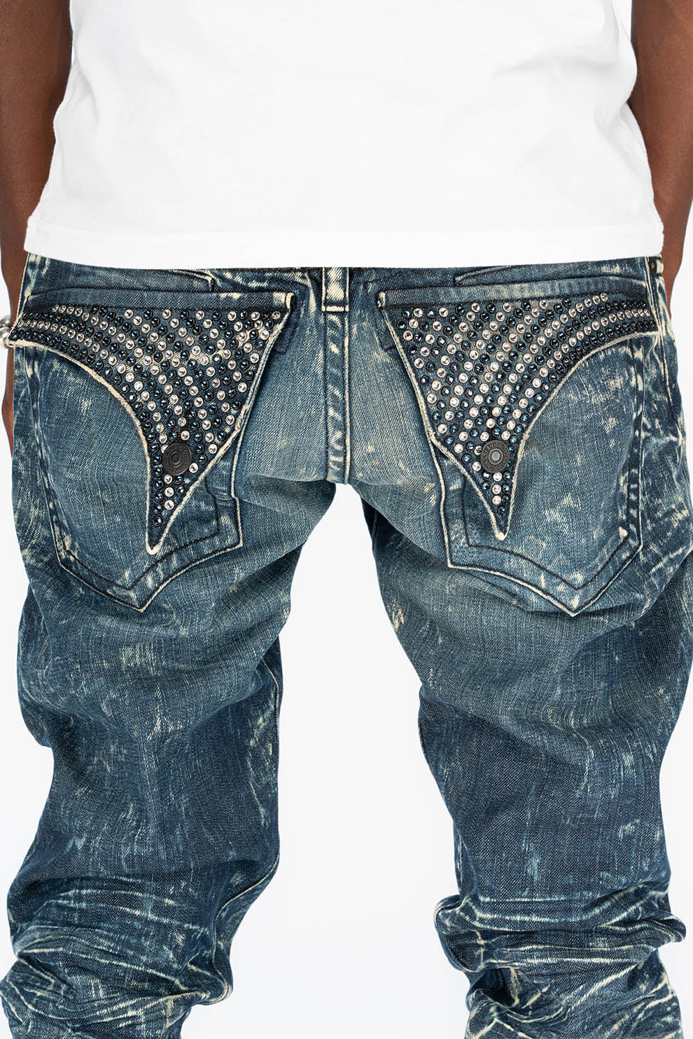 MENS LONG FLAP SLIM JEANS WITH CRYSTALS IN BLUE 4D DARK WASH