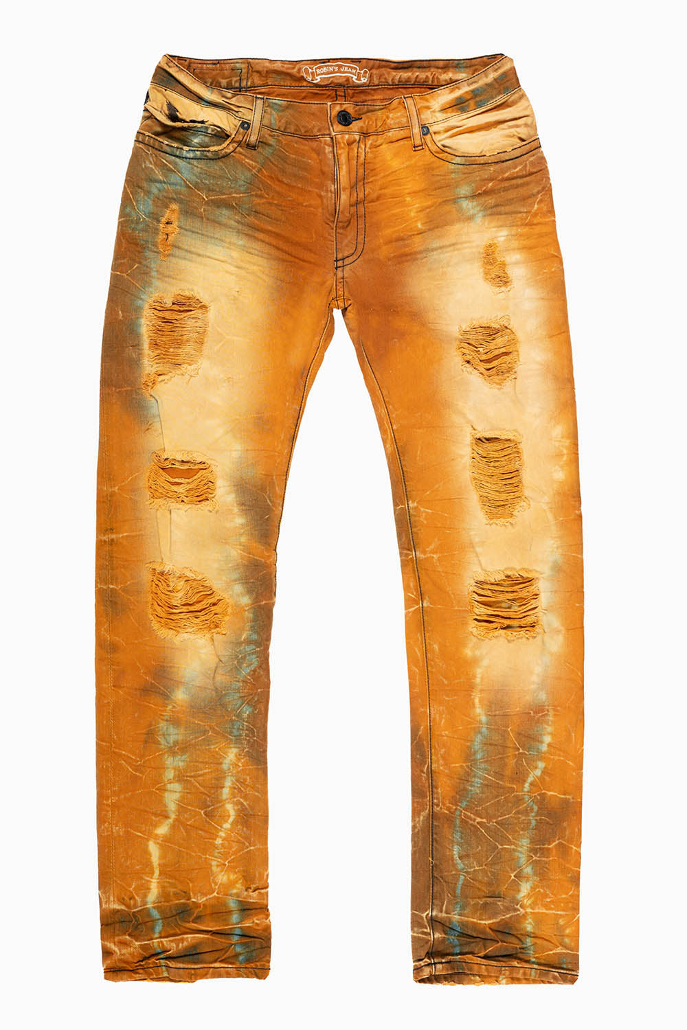 MENS LONG FLAP SLIM JEANS EMBELLISHED WITH BLK DIAMOND CRYSTALS IN BROKEN 4D LIGHT PERU WASH