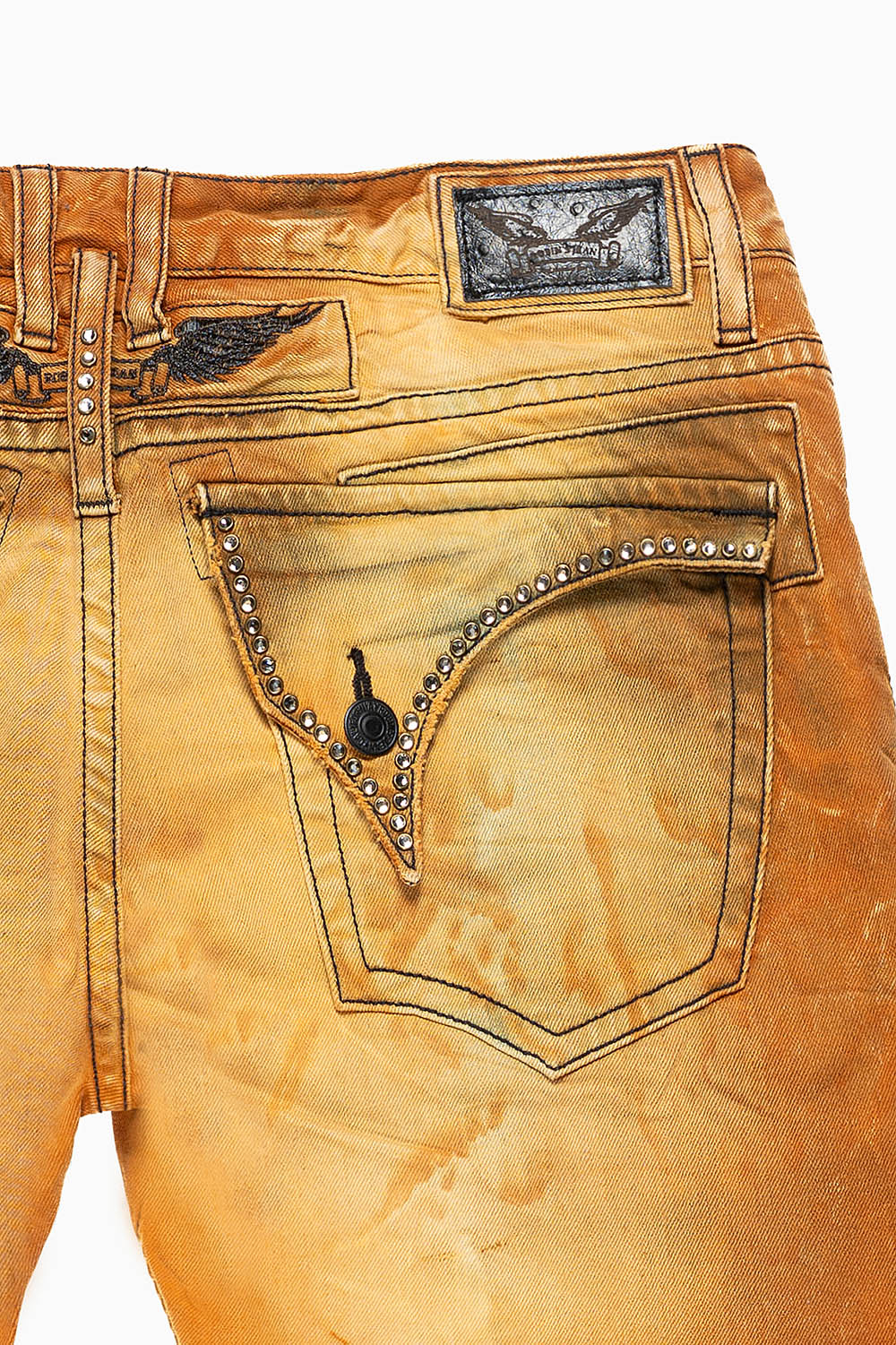 MENS LONG FLAP SLIM JEANS EMBELLISHED WITH BLK DIAMOND CRYSTALS IN BROKEN 4D LIGHT PERU WASH