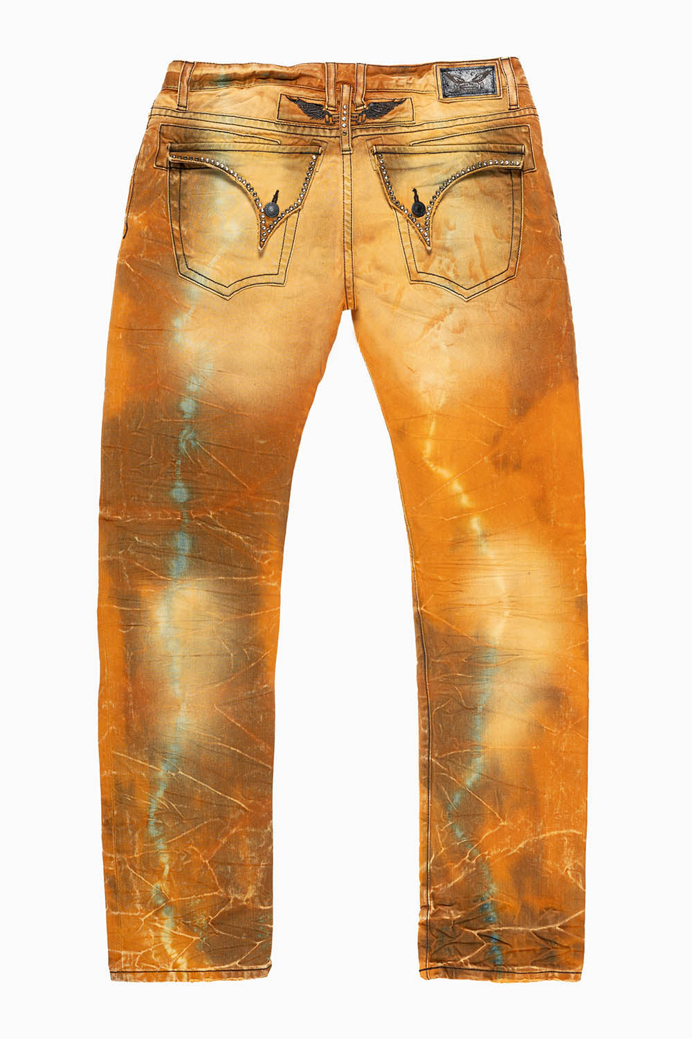 MENS LONG FLAP SLIM JEANS EMBELLISHED WITH BLK DIAMOND CRYSTALS IN BROKEN 4D LIGHT PERU WASH
