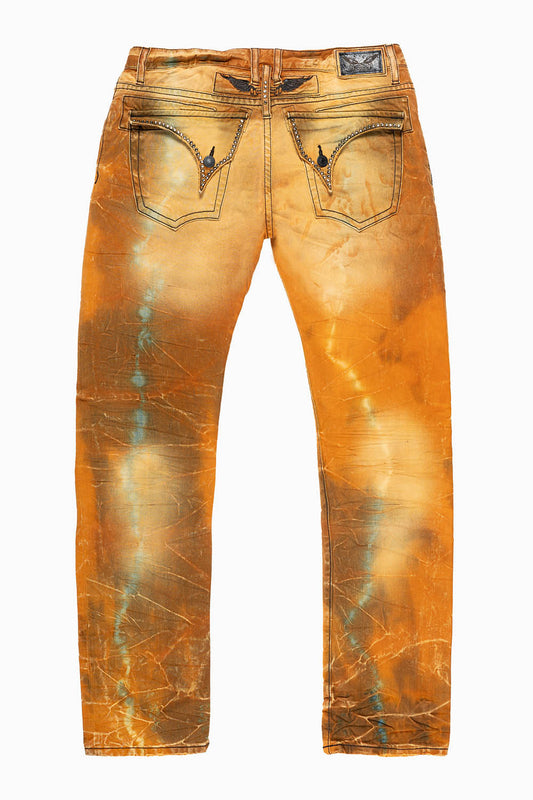 MENS LONG FLAP SLIM JEANS EMBELLISHED WITH BLK DIAMOND CRYSTALS IN BROKEN 4D LIGHT PERU WASH