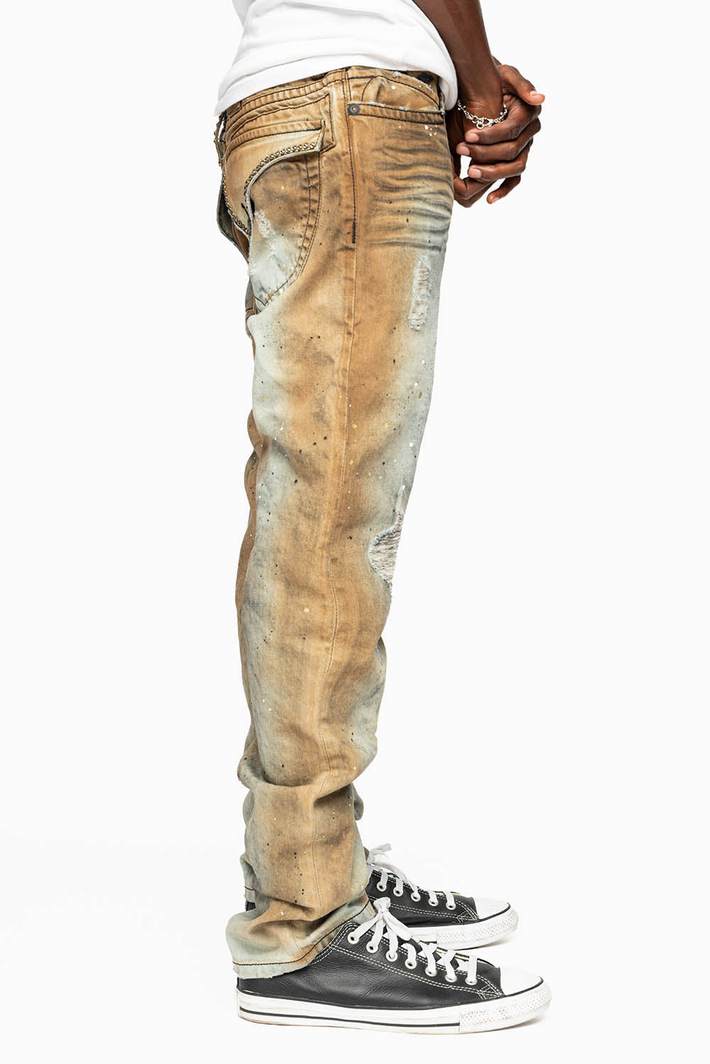 MENS LONG FLAP SLIM JEANS EMBELLISHED WITH CRYSTALS IN STOCKHOLM WASH