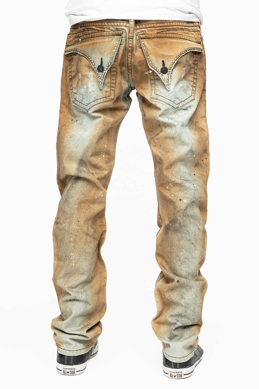 MENS LONG FLAP SLIM JEANS EMBELLISHED WITH CRYSTALS IN STOCKHOLM WASH