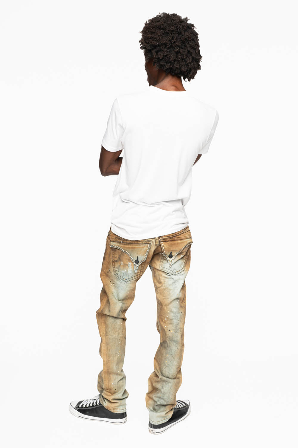 MENS LONG FLAP SLIM JEANS EMBELLISHED WITH CRYSTALS IN STOCKHOLM WASH