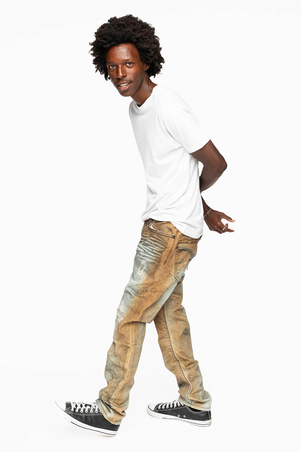 MENS LONG FLAP SLIM JEANS EMBELLISHED WITH CRYSTALS IN STOCKHOLM WASH