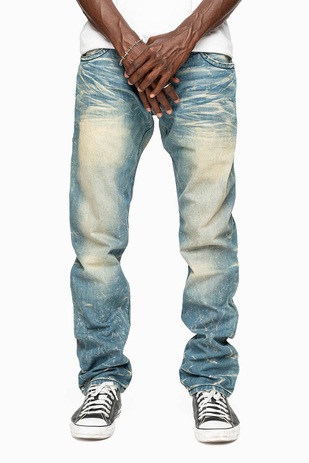 MENS LONG FLAP SLIM JEANS EMBELLISHED WITH CRYSTALS IN BLUE 4D LIGHT WASH