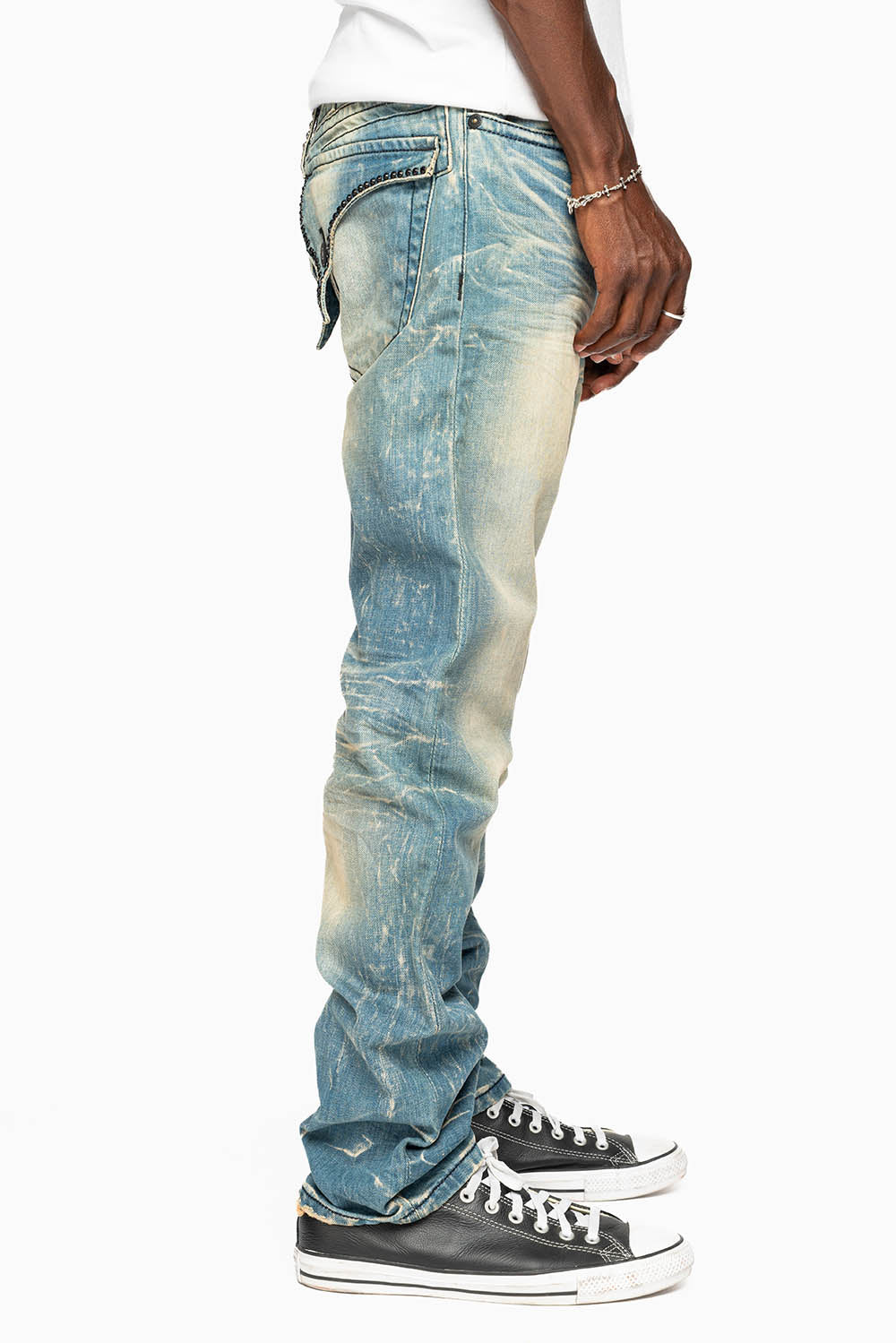 MENS LONG FLAP SLIM JEANS EMBELLISHED WITH CRYSTALS IN BLUE 4D LIGHT WASH