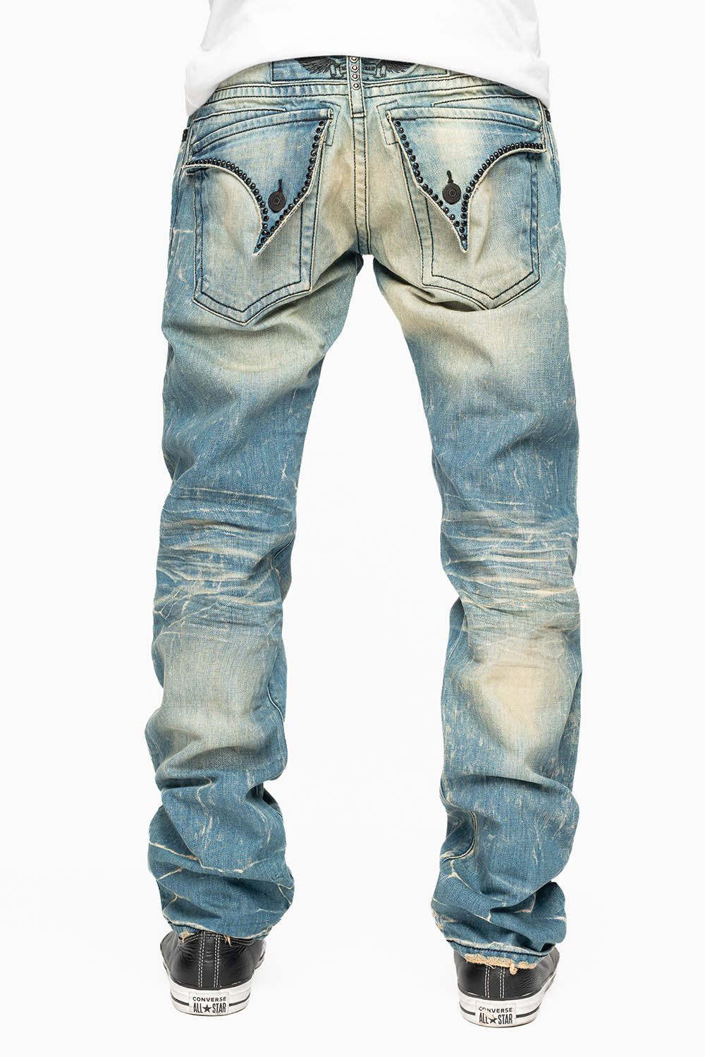 MENS LONG FLAP SLIM JEANS EMBELLISHED WITH CRYSTALS IN BLUE 4D LIGHT WASH