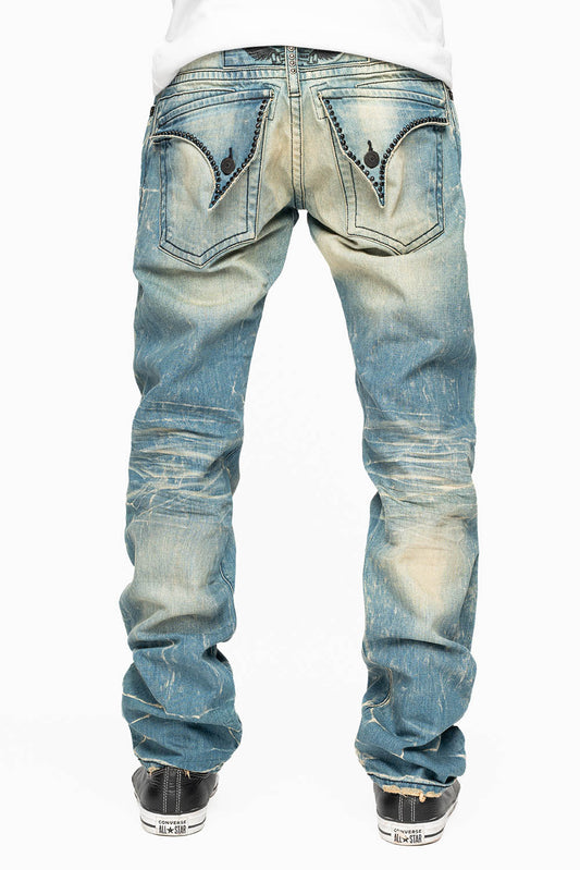 MENS LONG FLAP SLIM JEANS EMBELLISHED WITH CRYSTALS IN BLUE 4D LIGHT WASH