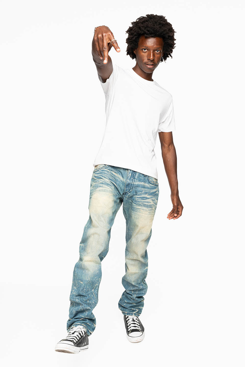 MENS LONG FLAP SLIM JEANS EMBELLISHED WITH CRYSTALS IN BLUE 4D LIGHT WASH