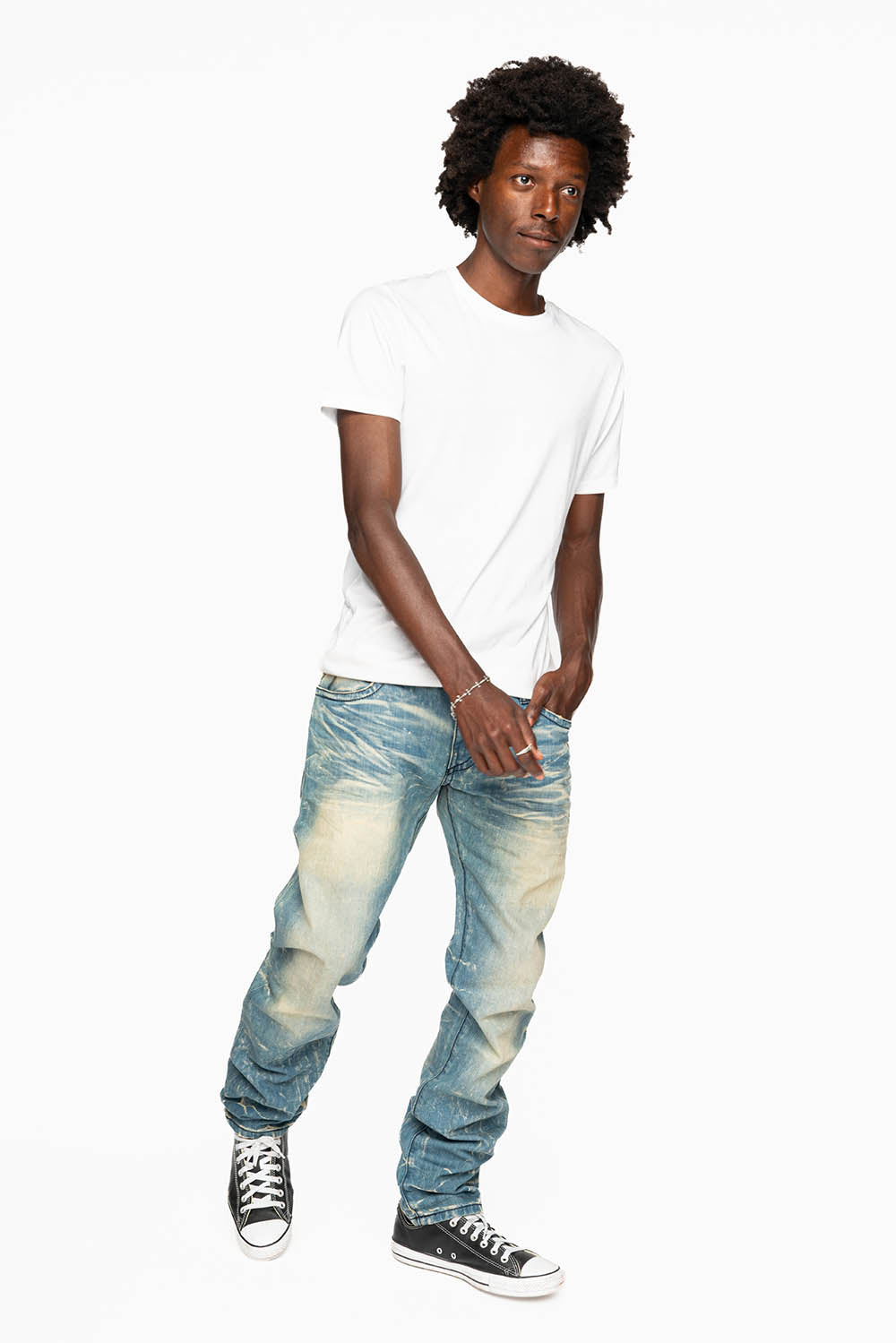 MENS LONG FLAP SLIM JEANS EMBELLISHED WITH CRYSTALS IN BLUE 4D LIGHT WASH