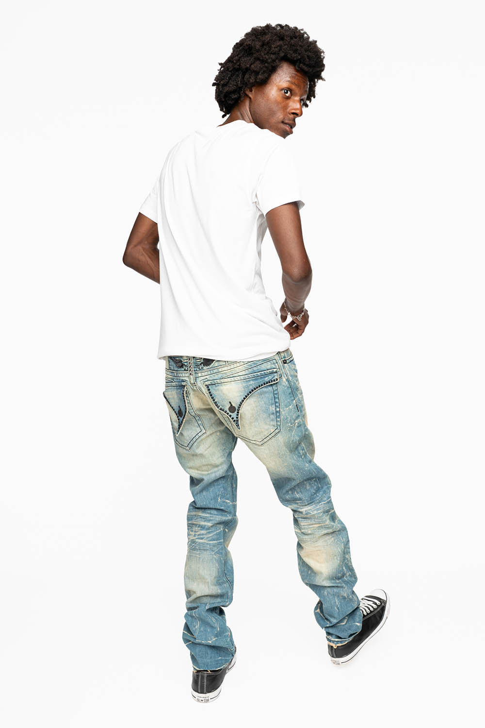 MENS LONG FLAP SLIM JEANS EMBELLISHED WITH CRYSTALS IN BLUE 4D LIGHT WASH