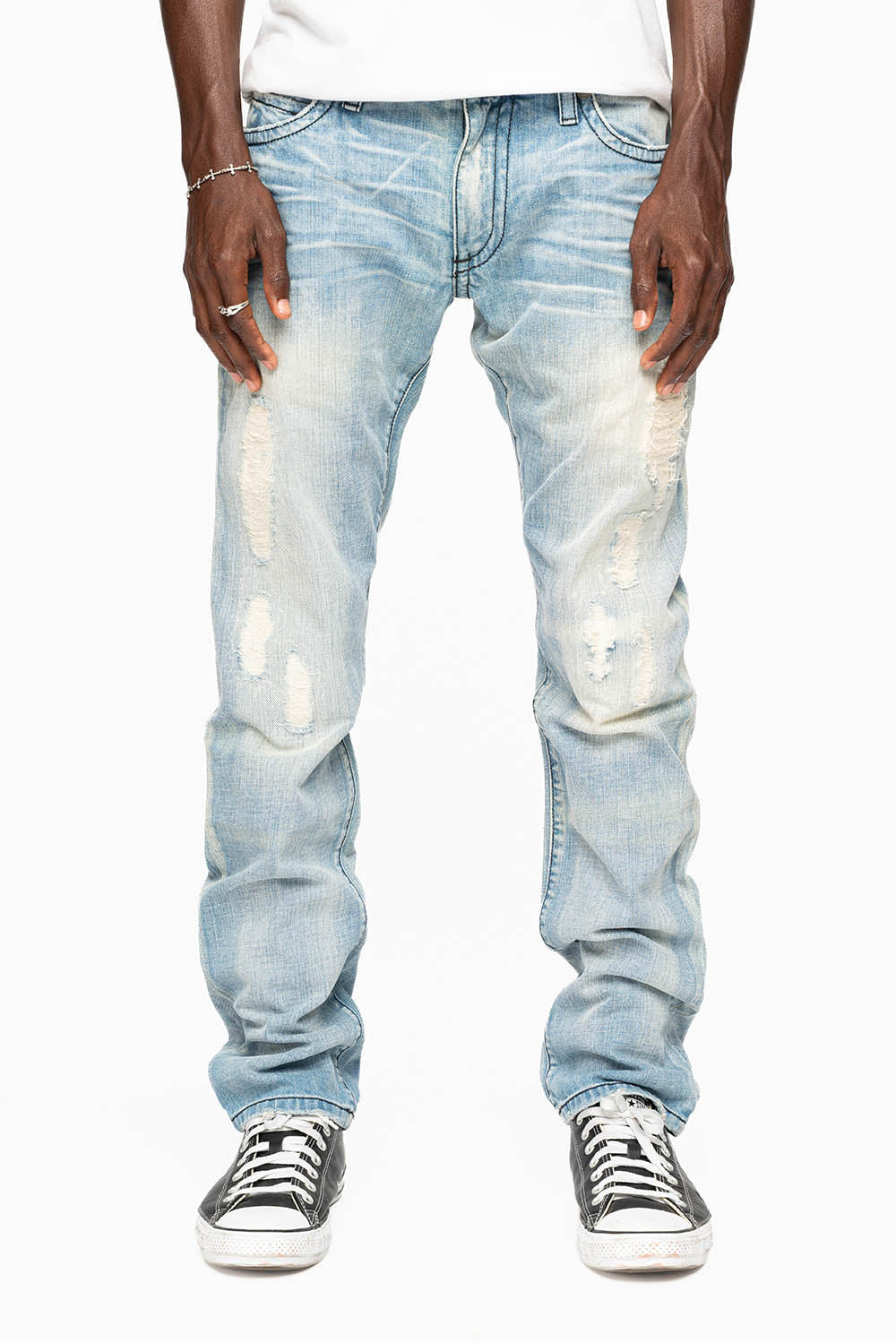 MENS LONG FLAP SLIM JEANS EMBELLISHED WITH CRYSTALS AND STUDS IN SUMMER WASH