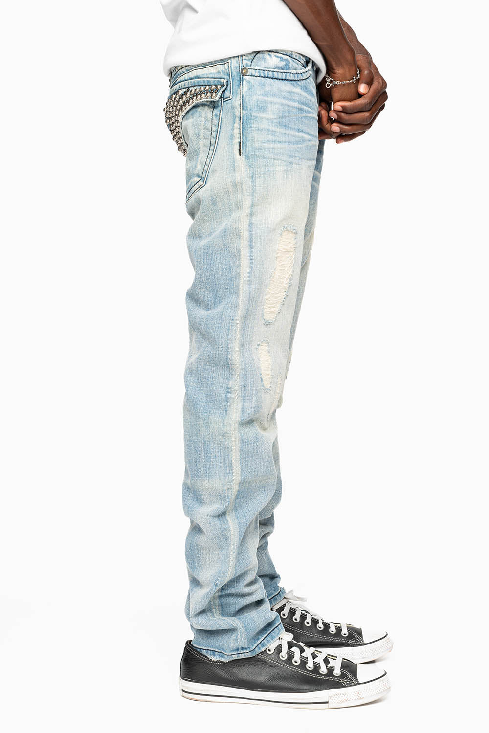 MENS LONG FLAP SLIM JEANS EMBELLISHED WITH CRYSTALS AND STUDS IN SUMMER WASH