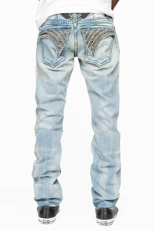 MENS LONG FLAP SLIM JEANS EMBELLISHED WITH CRYSTALS AND STUDS IN SUMMER WASH