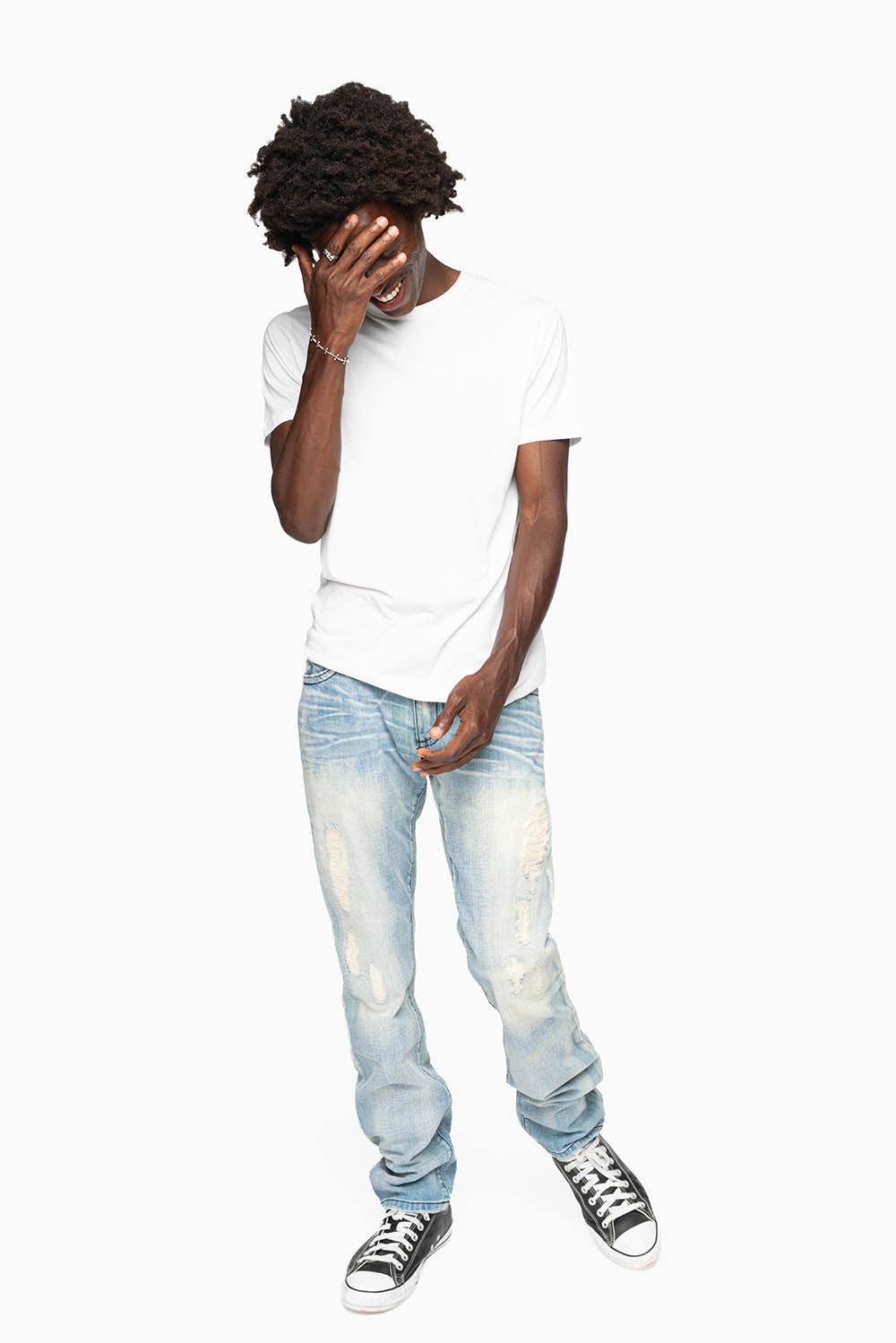 MENS LONG FLAP SLIM JEANS EMBELLISHED WITH CRYSTALS AND STUDS IN SUMMER WASH