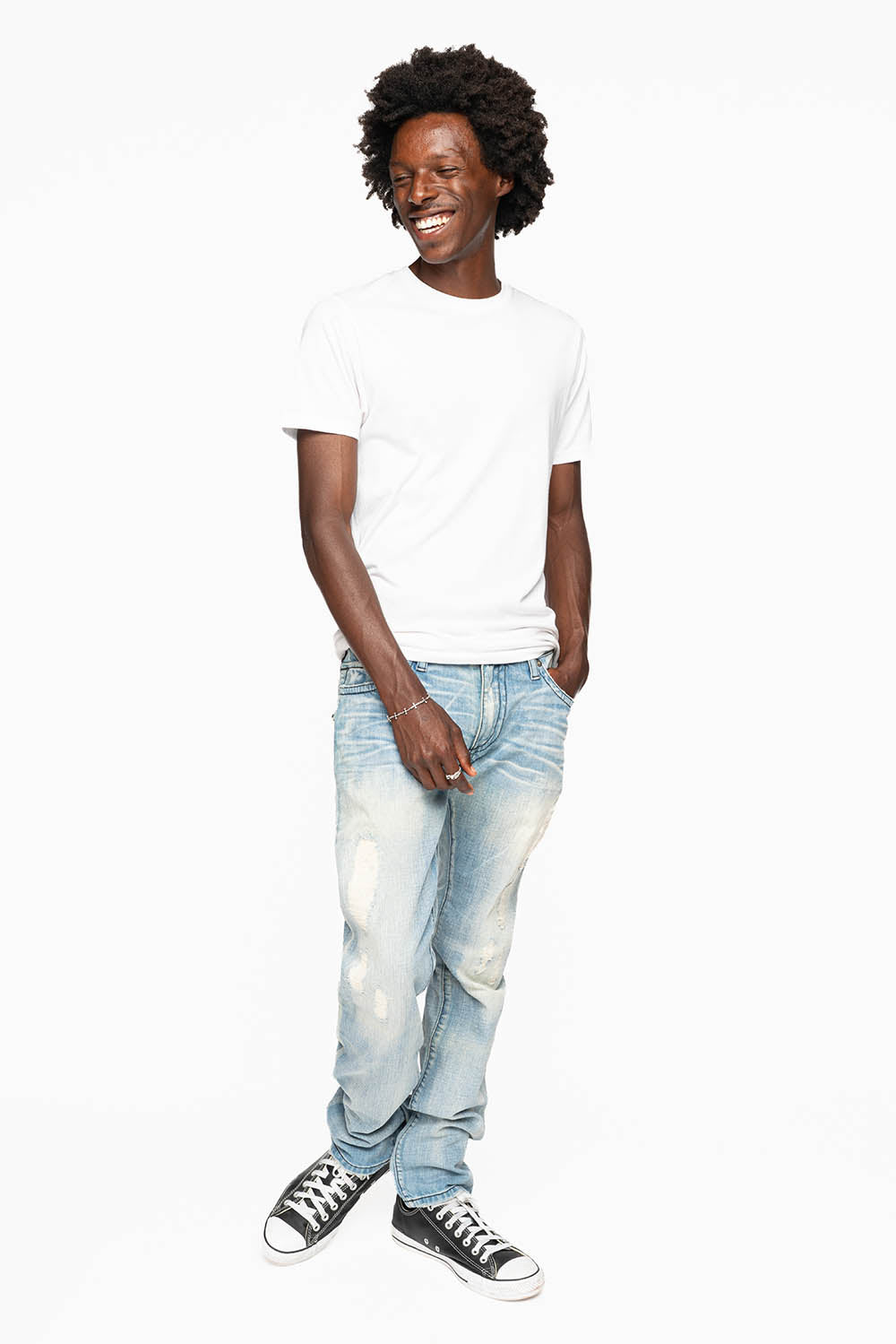 MENS LONG FLAP SLIM JEANS EMBELLISHED WITH CRYSTALS AND STUDS IN SUMMER WASH