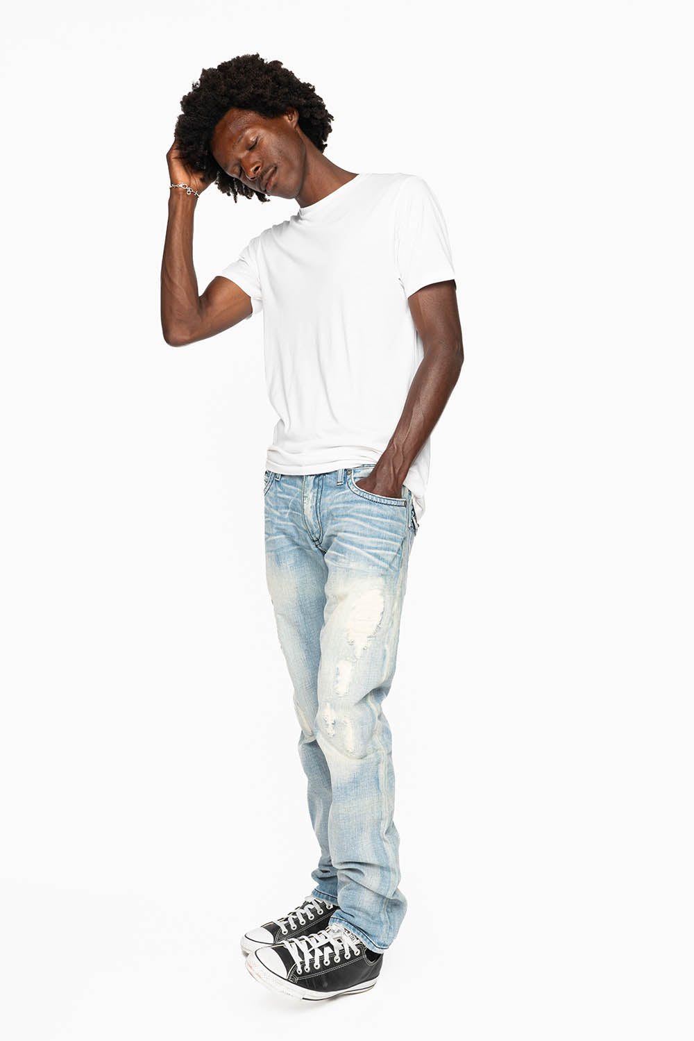 MENS LONG FLAP SLIM JEANS EMBELLISHED WITH CRYSTALS AND STUDS IN SUMMER WASH