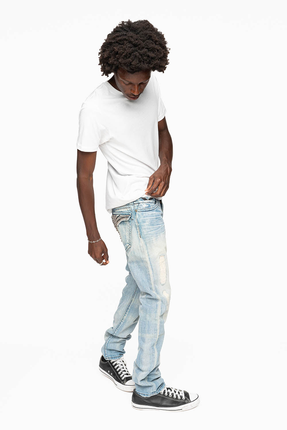 MENS LONG FLAP SLIM JEANS EMBELLISHED WITH CRYSTALS AND STUDS IN SUMMER WASH