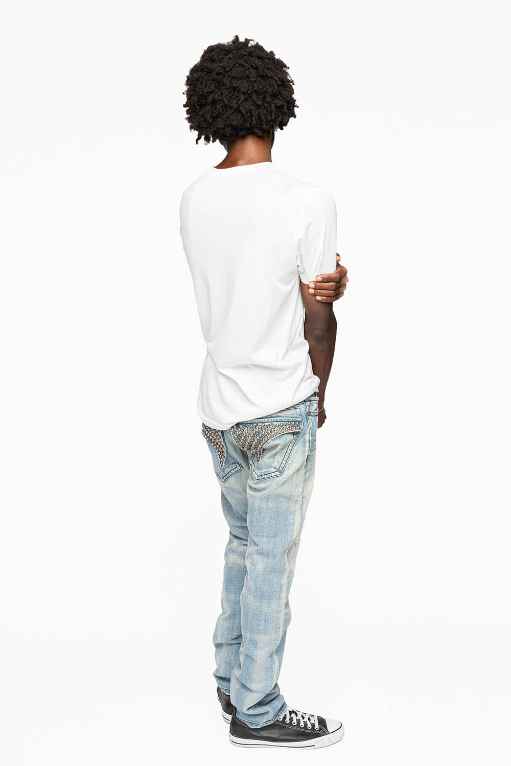 MENS LONG FLAP SLIM JEANS EMBELLISHED WITH CRYSTALS AND STUDS IN SUMMER WASH