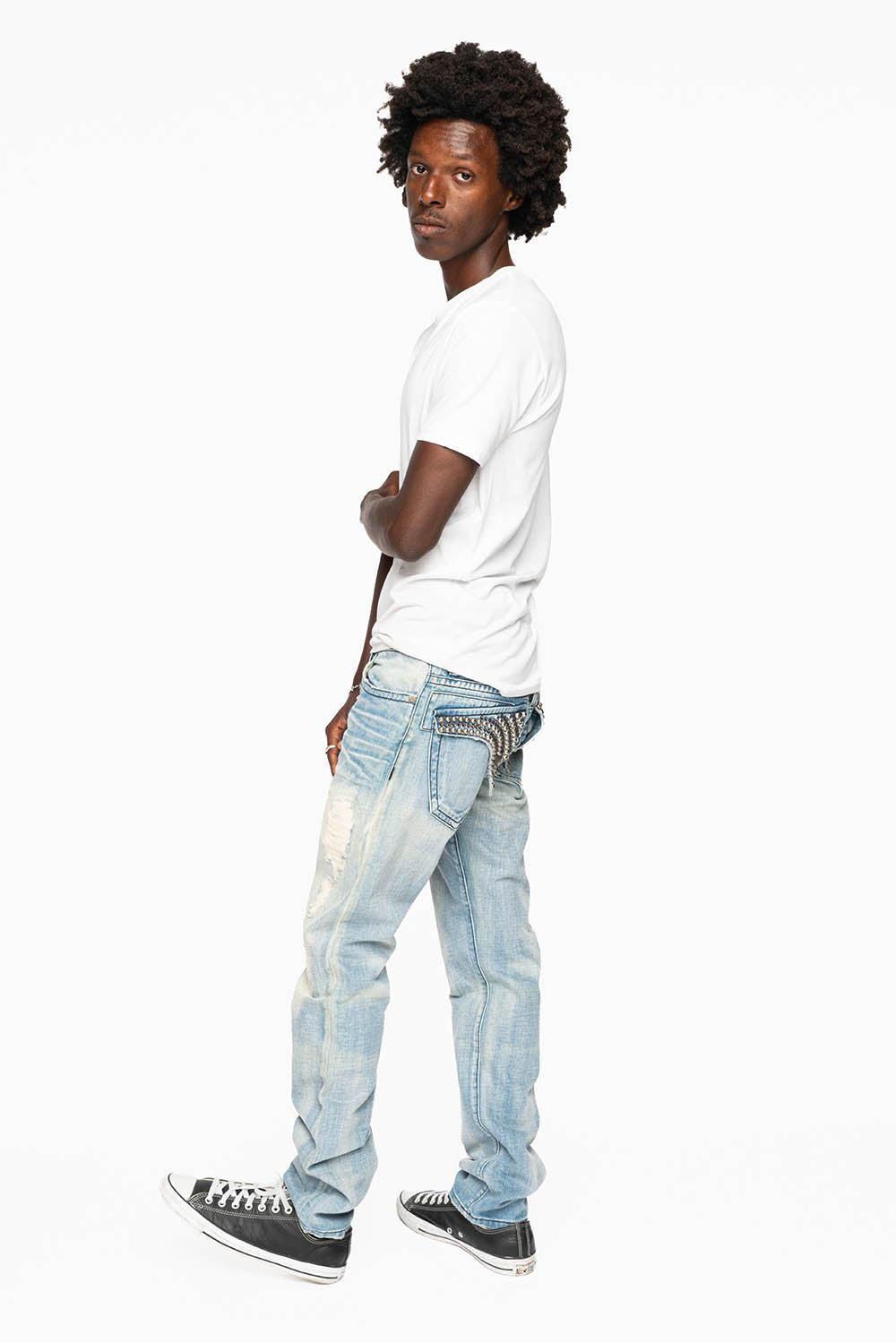 MENS LONG FLAP SLIM JEANS EMBELLISHED WITH CRYSTALS AND STUDS IN SUMMER WASH