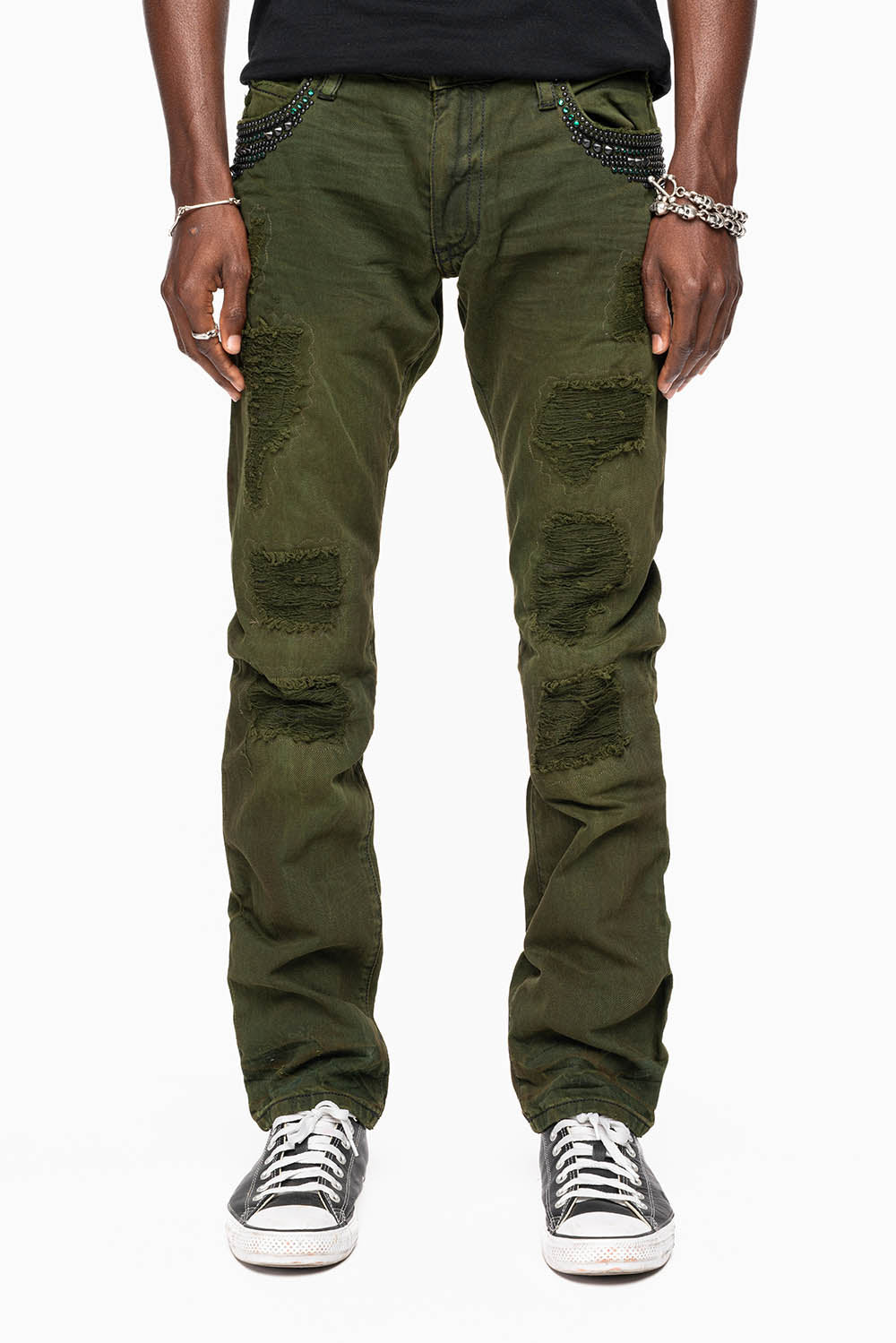 MENS LONG FLAP SLIM JEANS WITH STUDS AND CRYSTALS IN 4D GREEN ARMY WASH