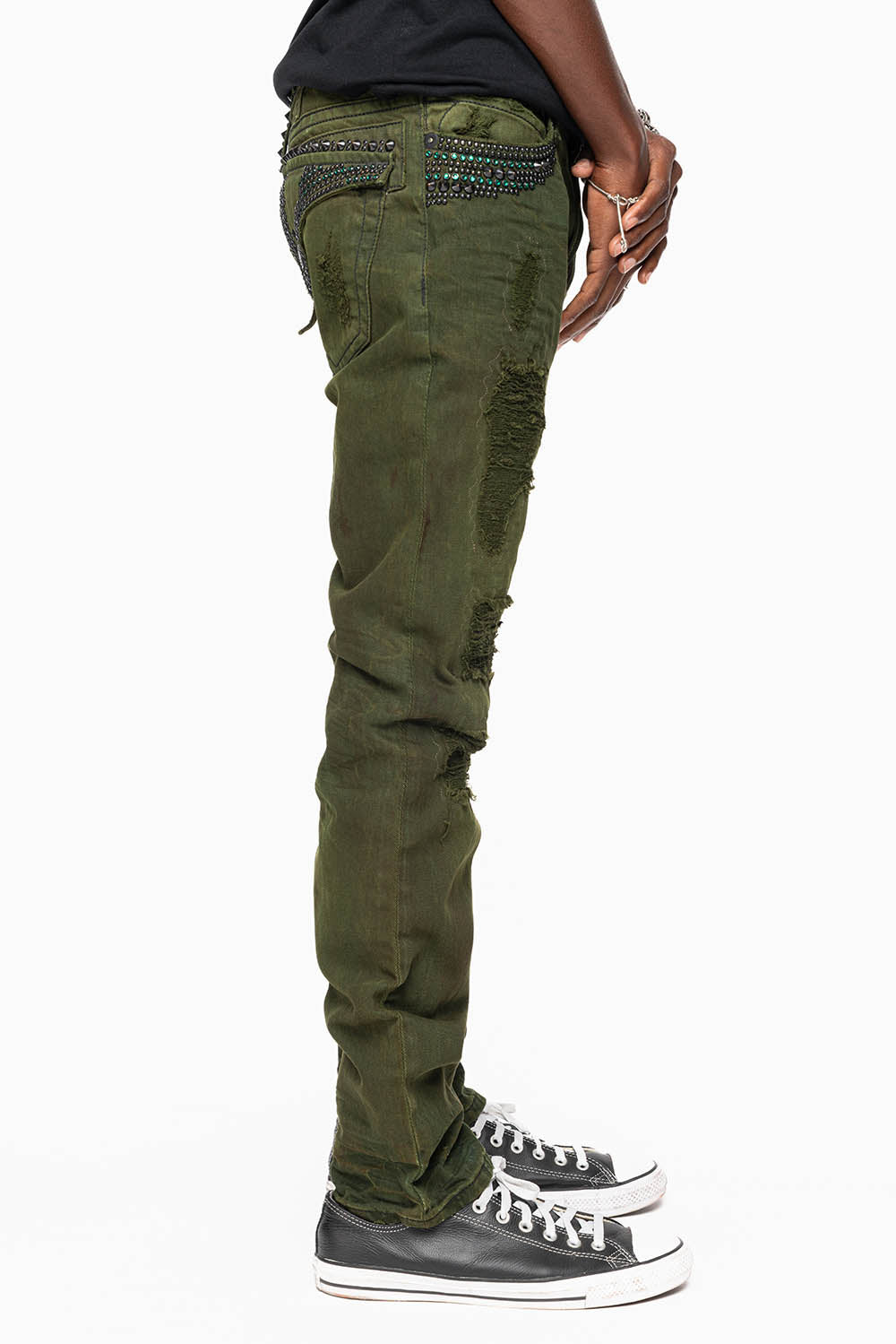 MENS LONG FLAP SLIM JEANS WITH STUDS AND CRYSTALS IN 4D GREEN ARMY WASH