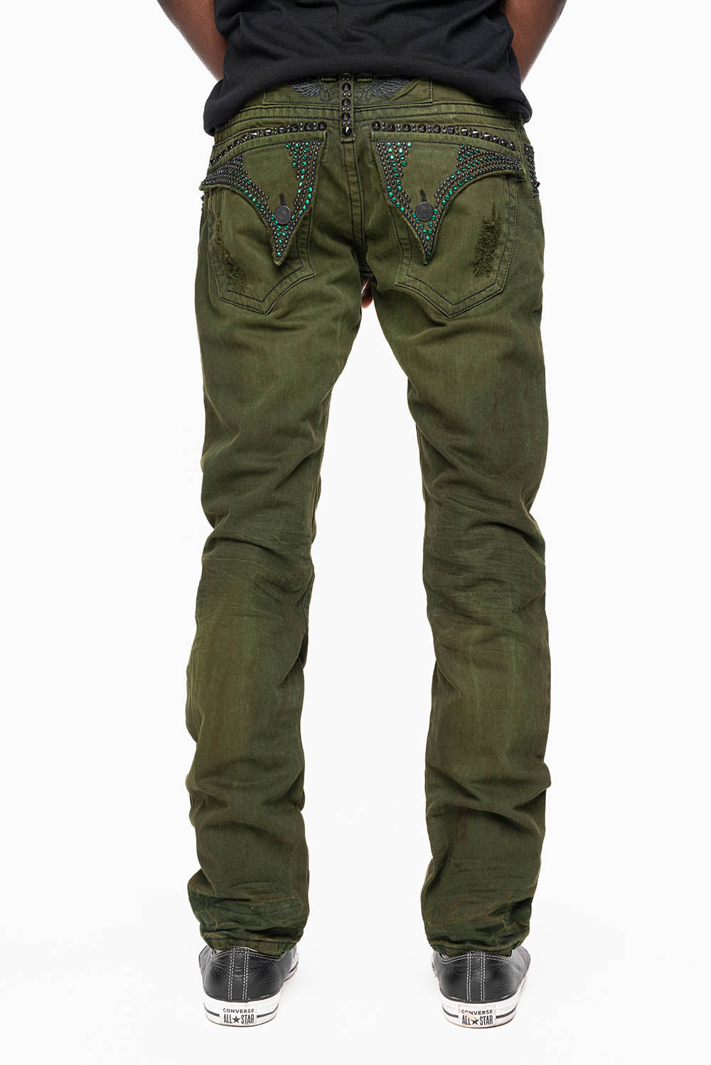 MENS LONG FLAP SLIM JEANS WITH STUDS AND CRYSTALS IN 4D GREEN ARMY WASH