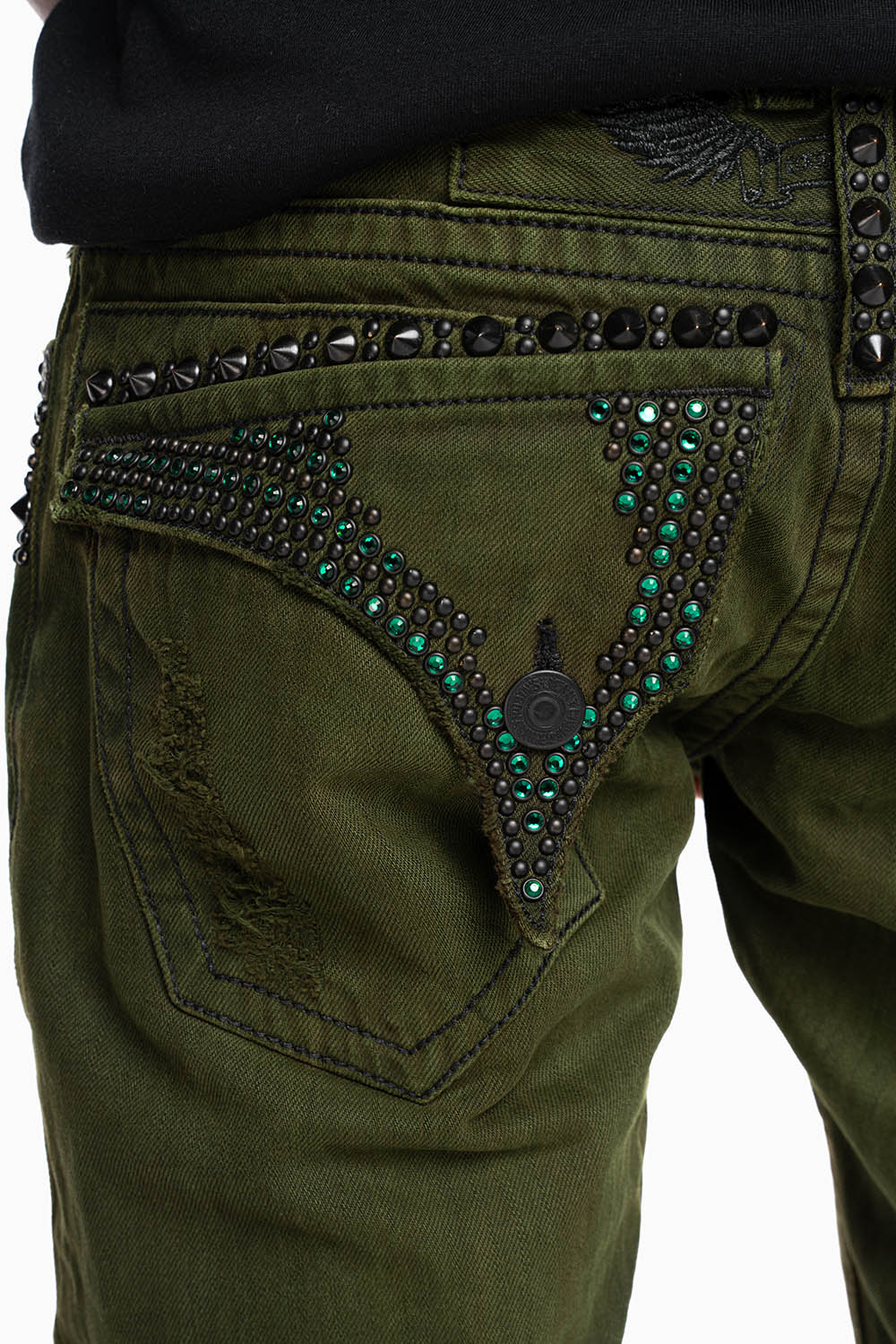 MENS LONG FLAP SLIM JEANS WITH STUDS AND CRYSTALS IN 4D GREEN ARMY WASH