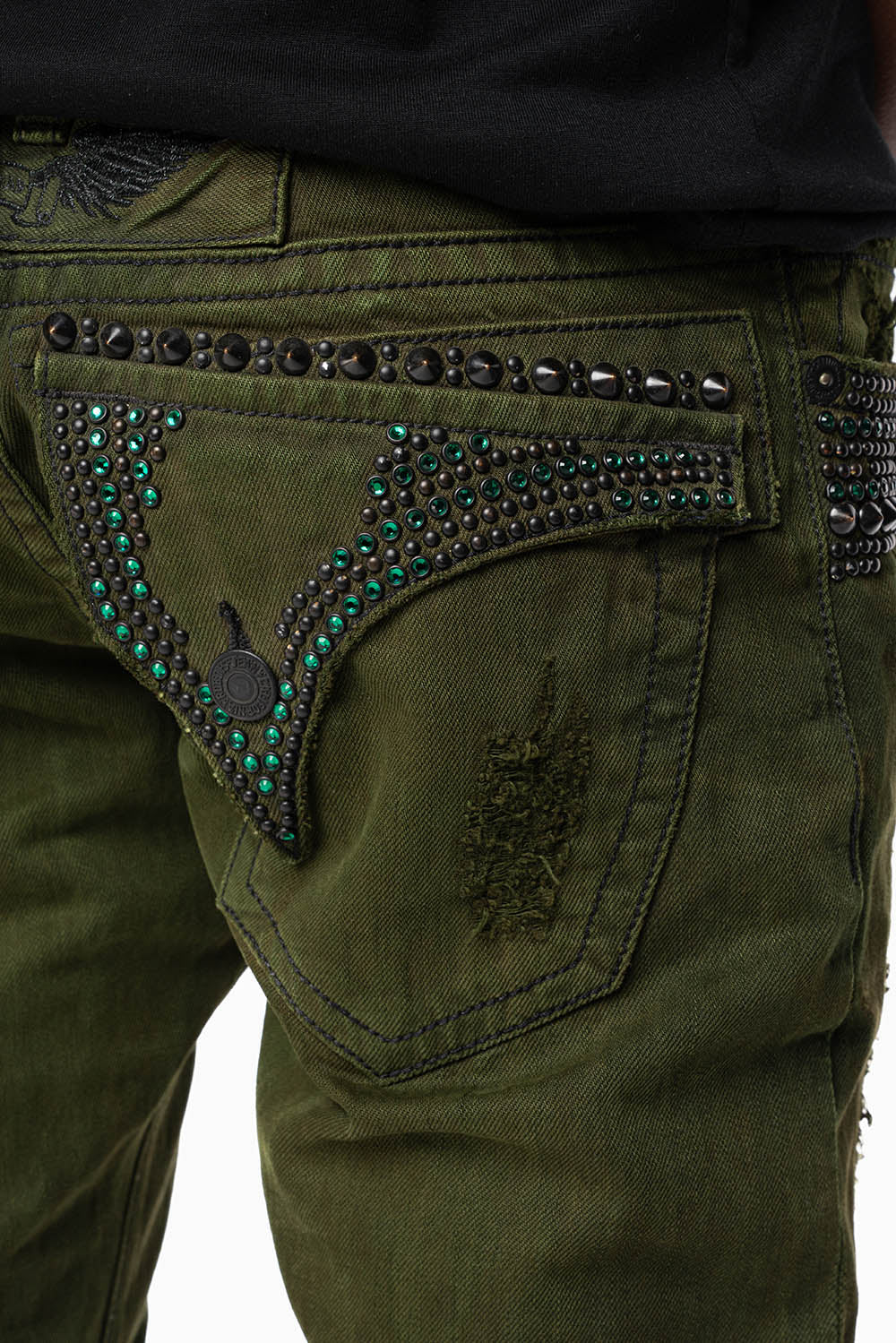 MENS LONG FLAP SLIM JEANS WITH STUDS AND CRYSTALS IN 4D GREEN ARMY WASH