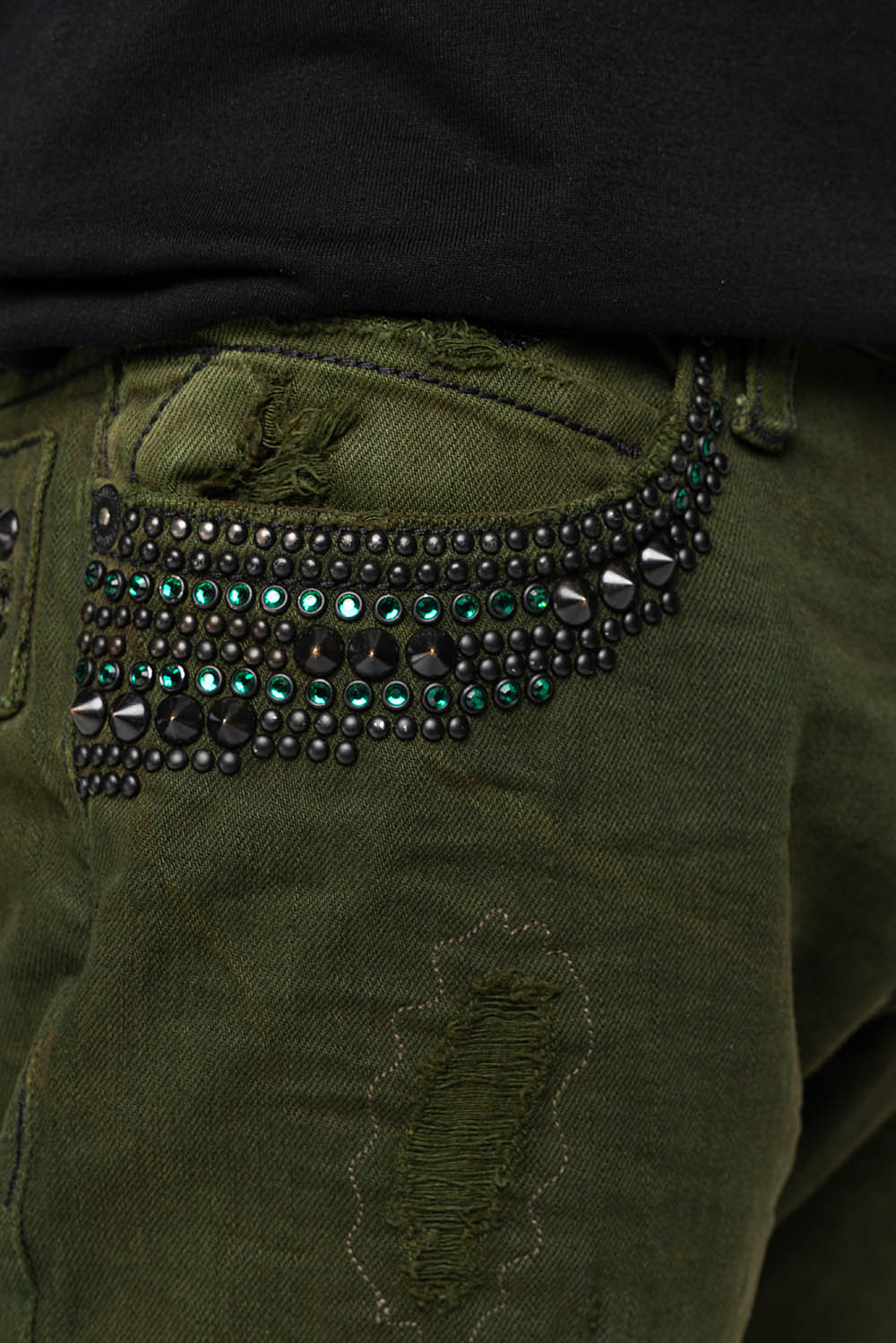 MENS LONG FLAP SLIM JEANS WITH STUDS AND CRYSTALS IN 4D GREEN ARMY WASH