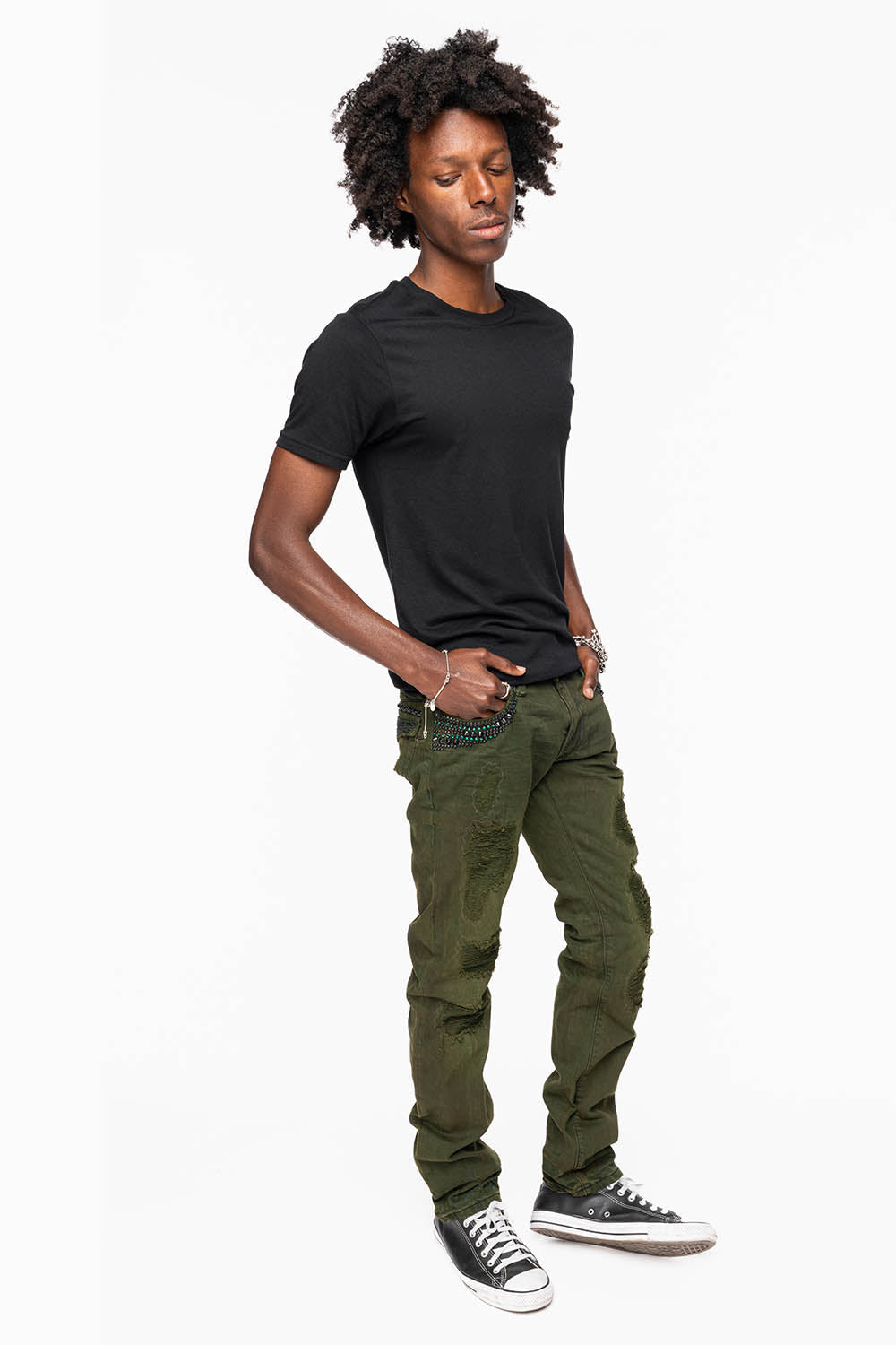MENS LONG FLAP SLIM JEANS WITH STUDS AND CRYSTALS IN 4D GREEN ARMY WASH