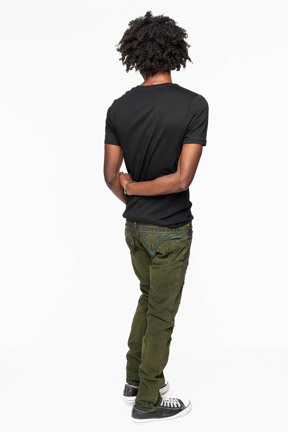 MENS LONG FLAP SLIM JEANS WITH STUDS AND CRYSTALS IN 4D GREEN ARMY WASH