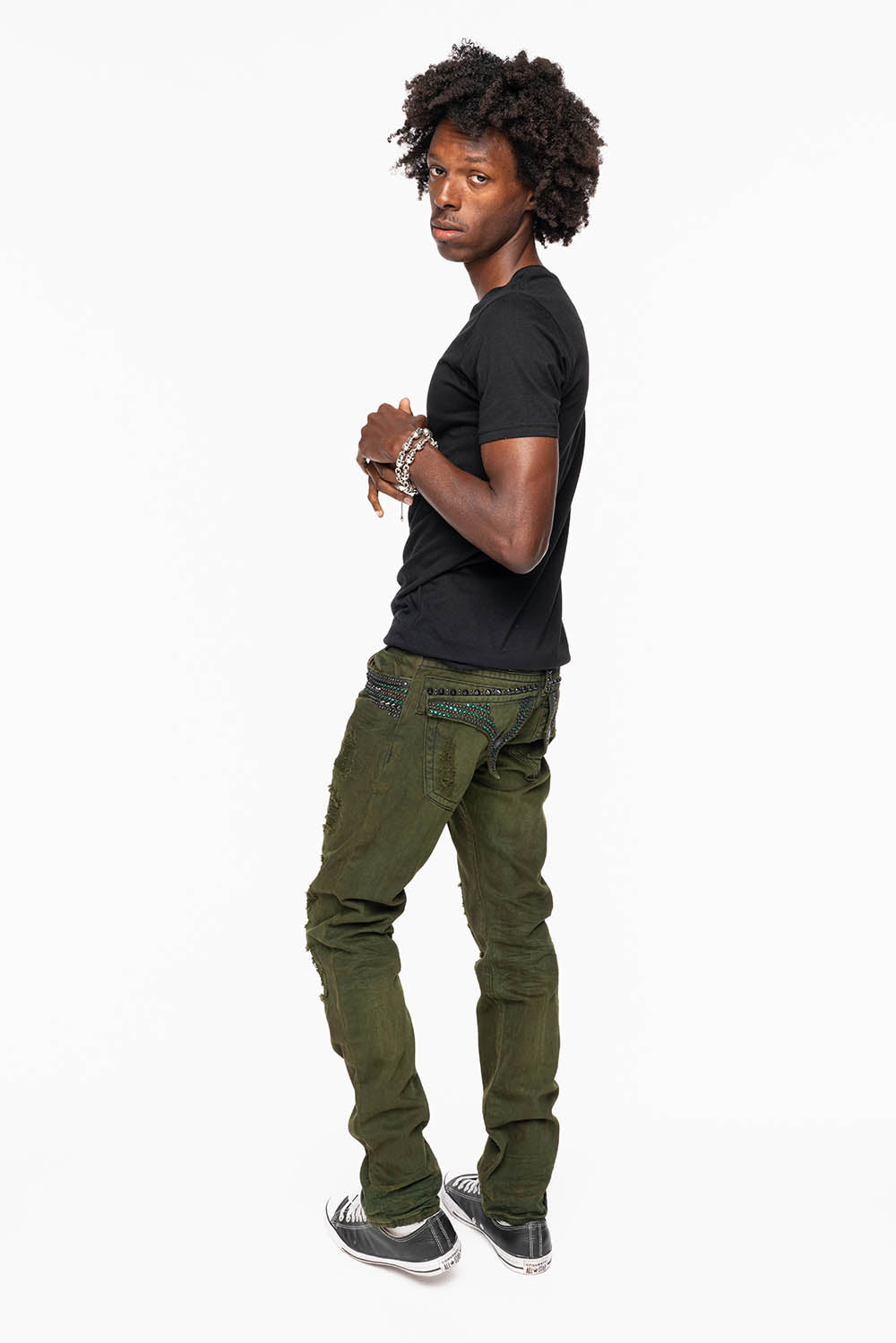 MENS LONG FLAP SLIM JEANS WITH STUDS AND CRYSTALS IN 4D GREEN ARMY WASH