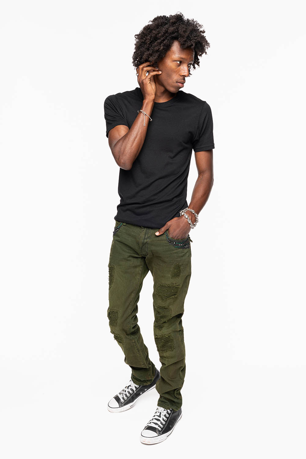 MENS LONG FLAP SLIM JEANS WITH STUDS AND CRYSTALS IN 4D GREEN ARMY WASH