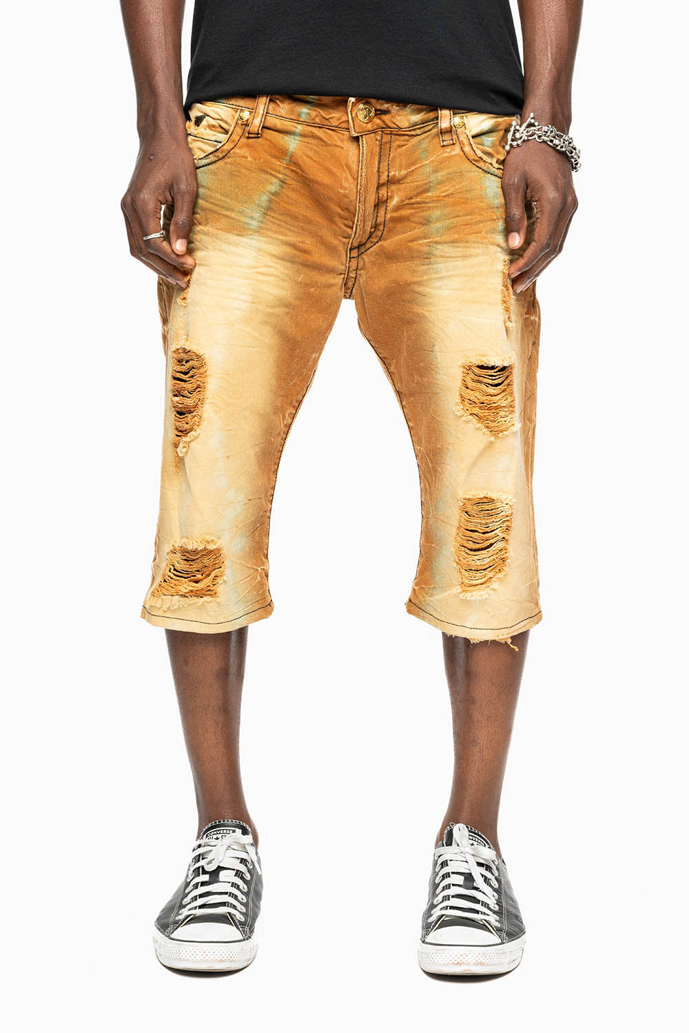 MENS SHORT WITH FLAP POCKETS IN 4D LIGHT PERU BROKEN WASH WITH CRYSTALS